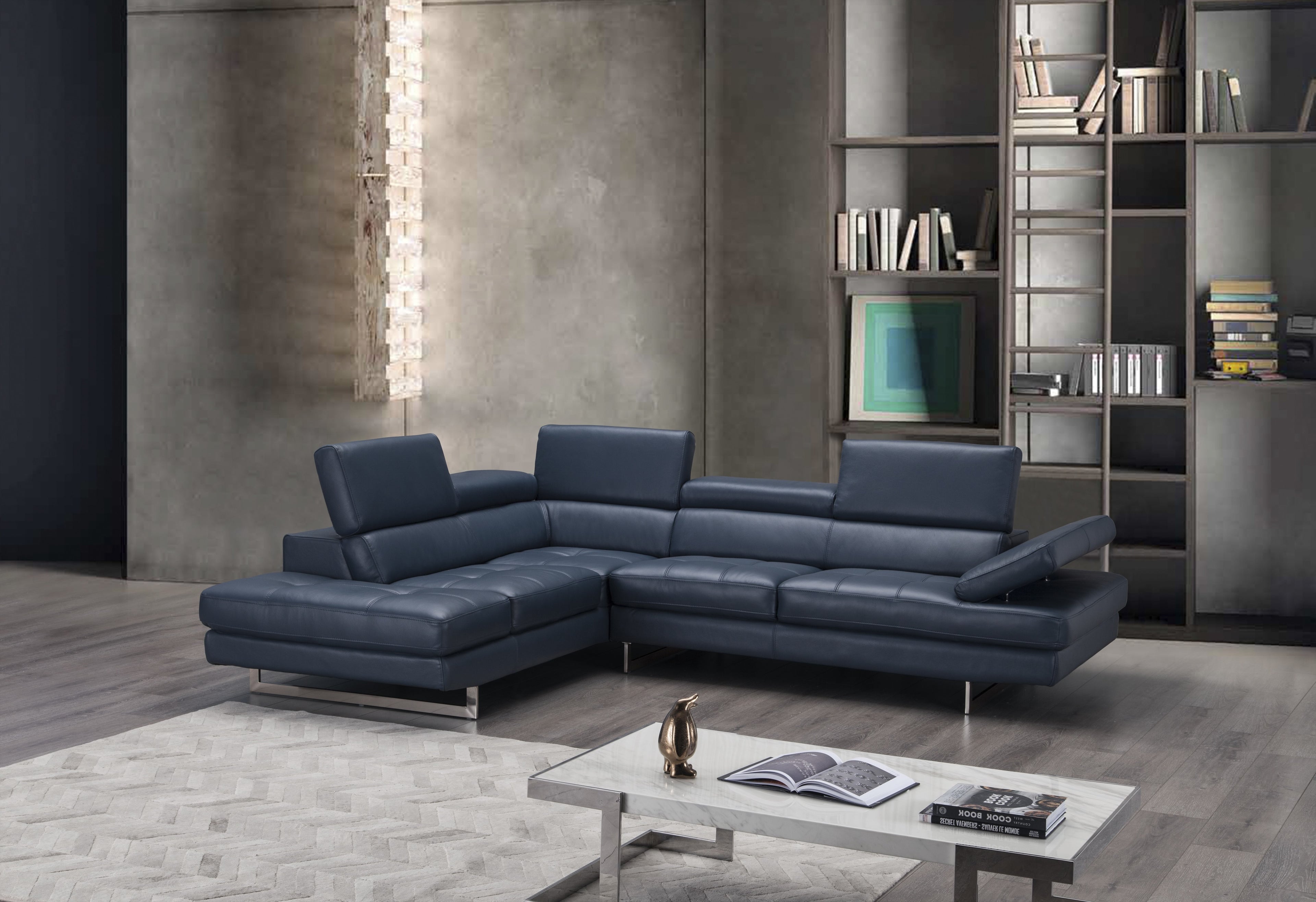 Blue Italian Leather Sectional with Left-Hand-Facing Chaise