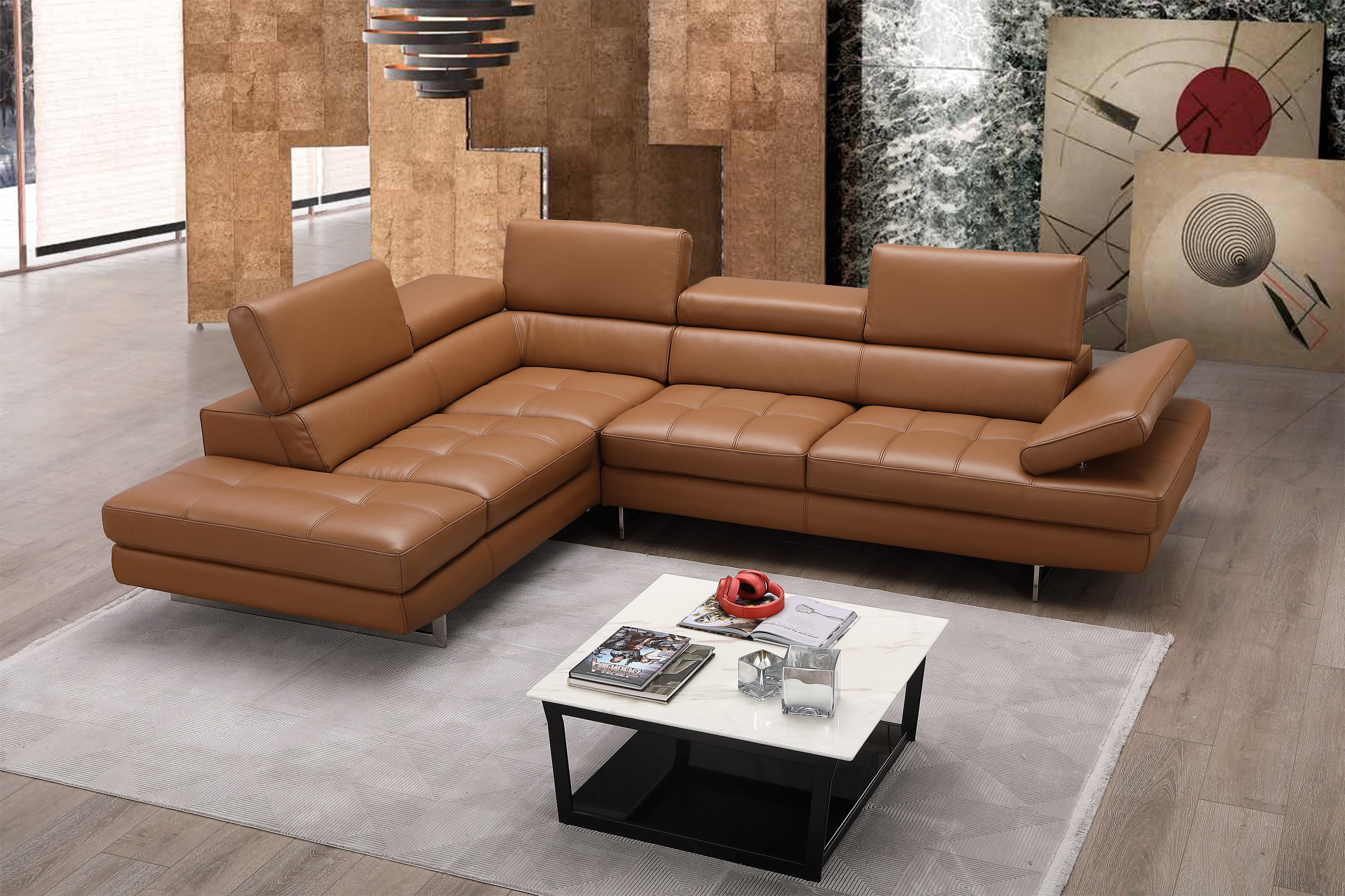 Caramel Italian Leather Sectional with Left-Hand-Facing Chaise