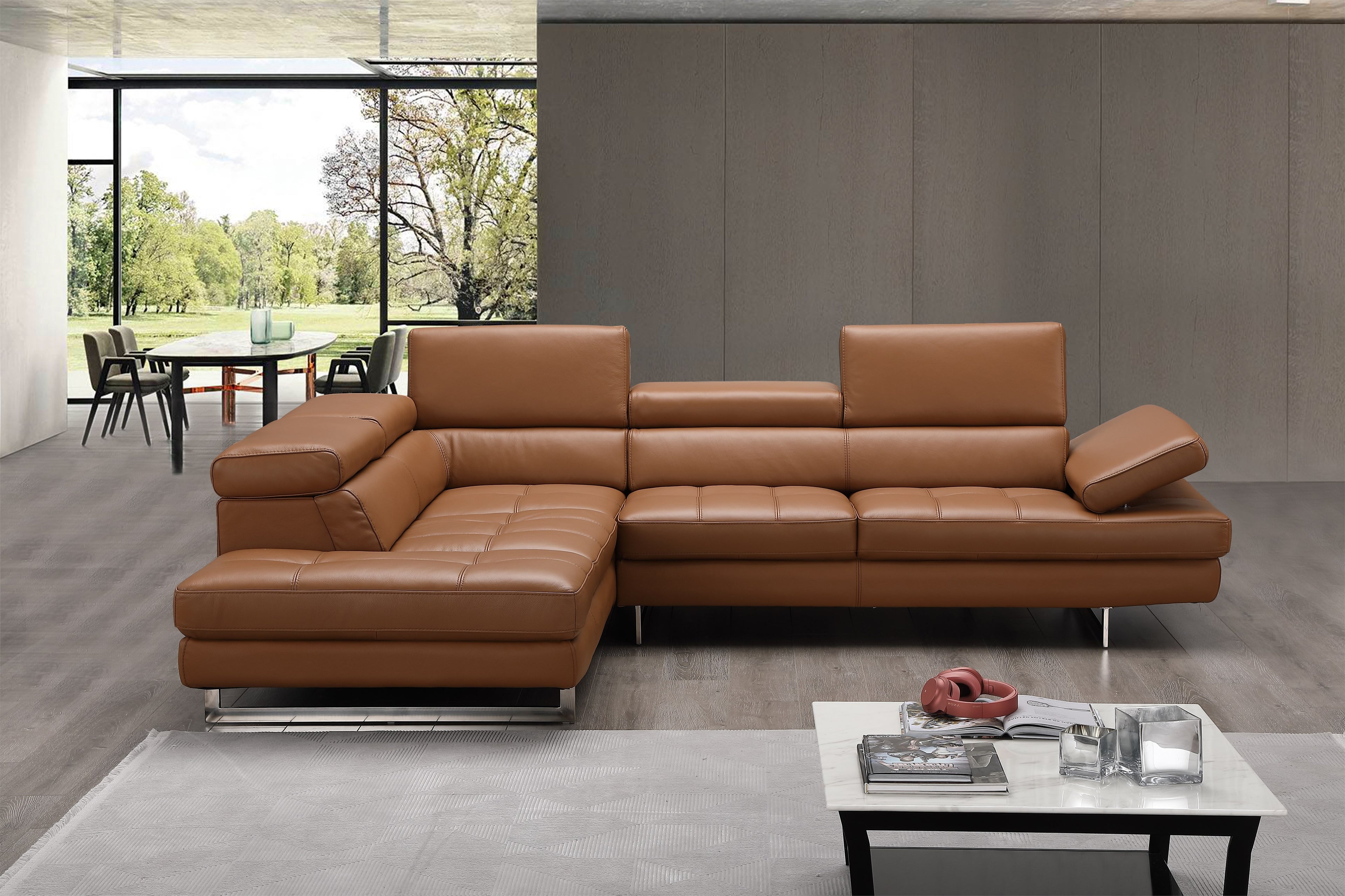 Caramel Italian Leather Sectional with Left-Hand-Facing Chaise