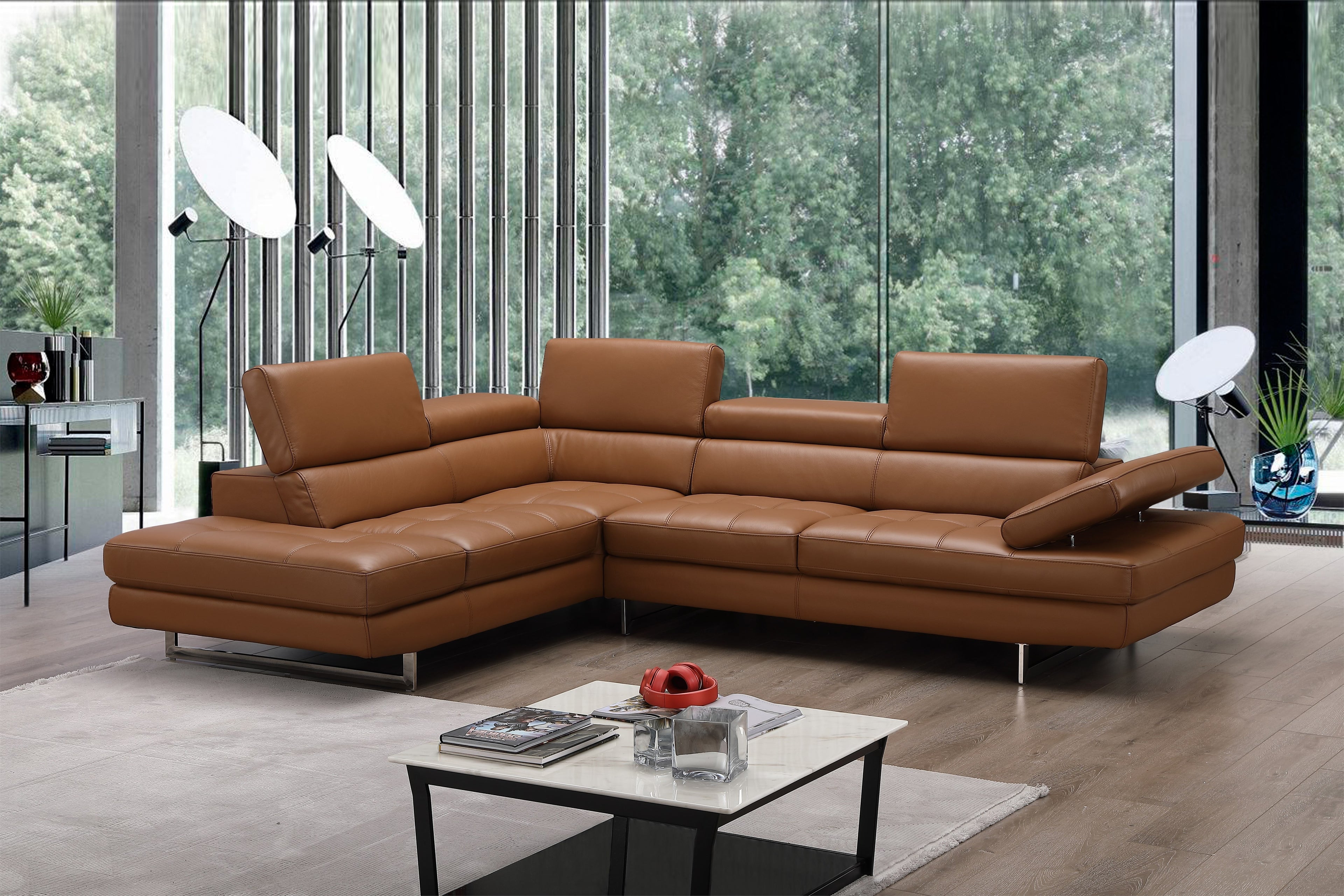 Caramel Italian Leather Sectional with Left-Hand-Facing Chaise