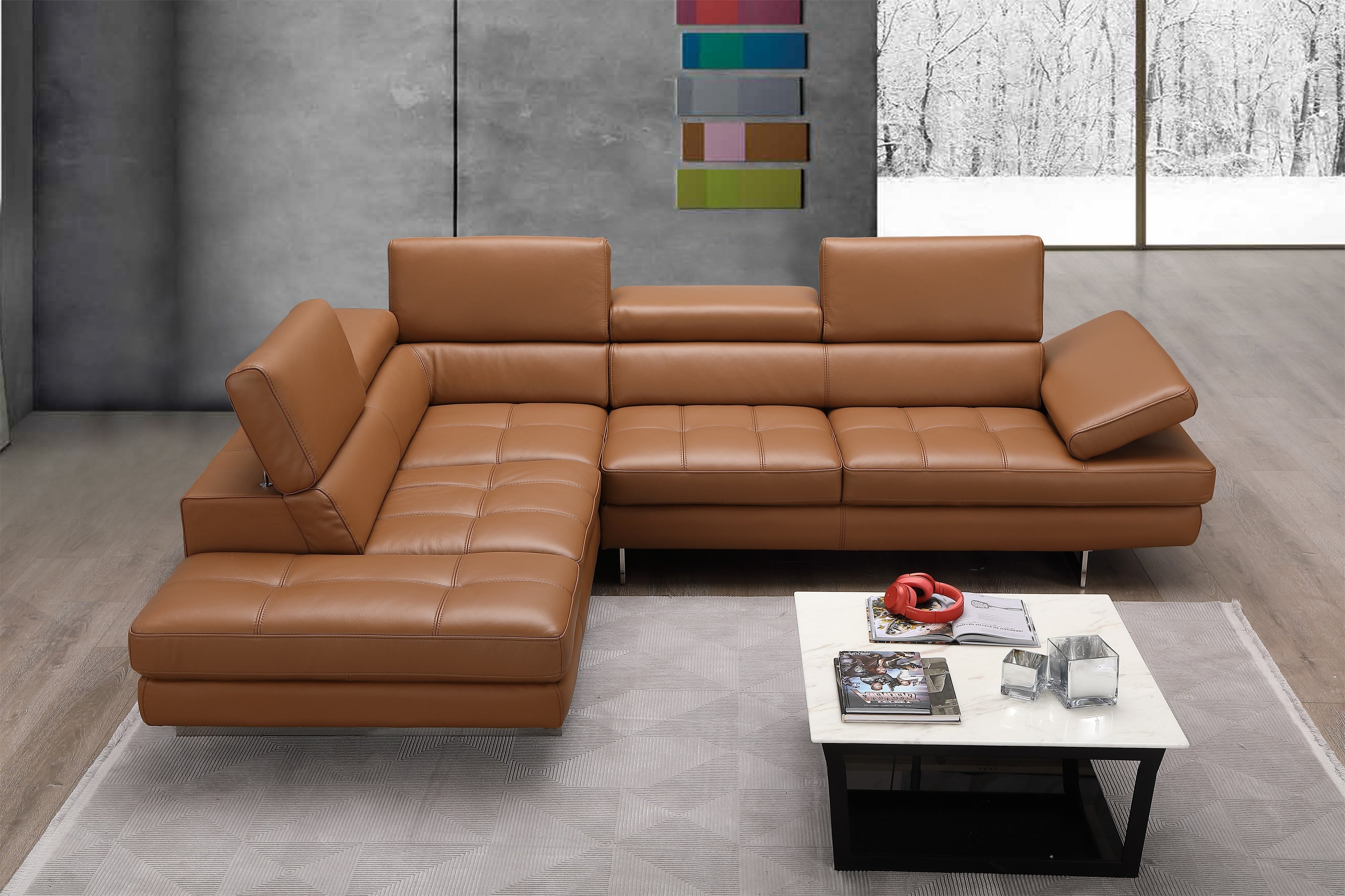 Caramel Italian Leather Sectional with Left-Hand-Facing Chaise