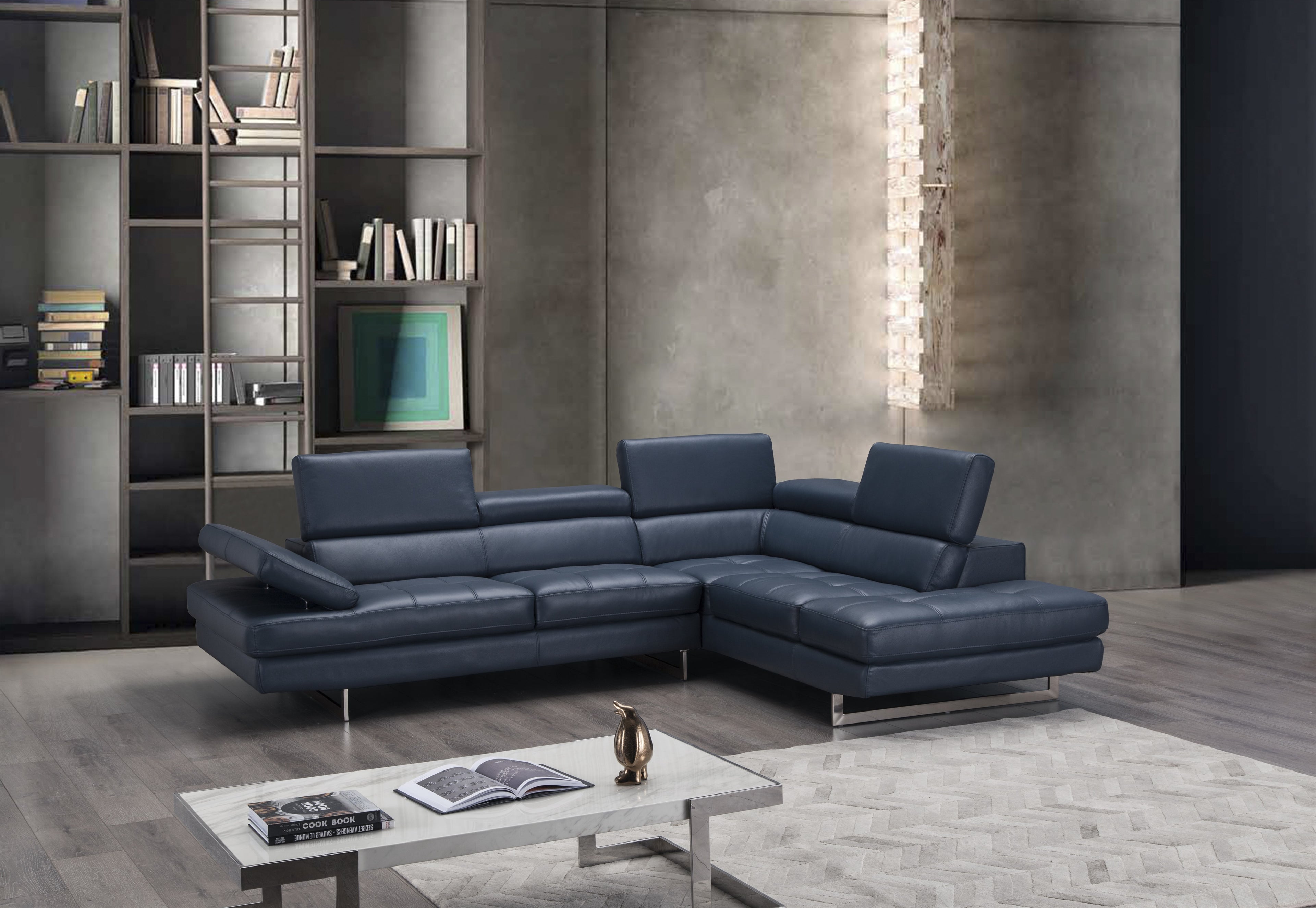 Blue Italian Leather Sectional with Right-Hand-Facing Chaise