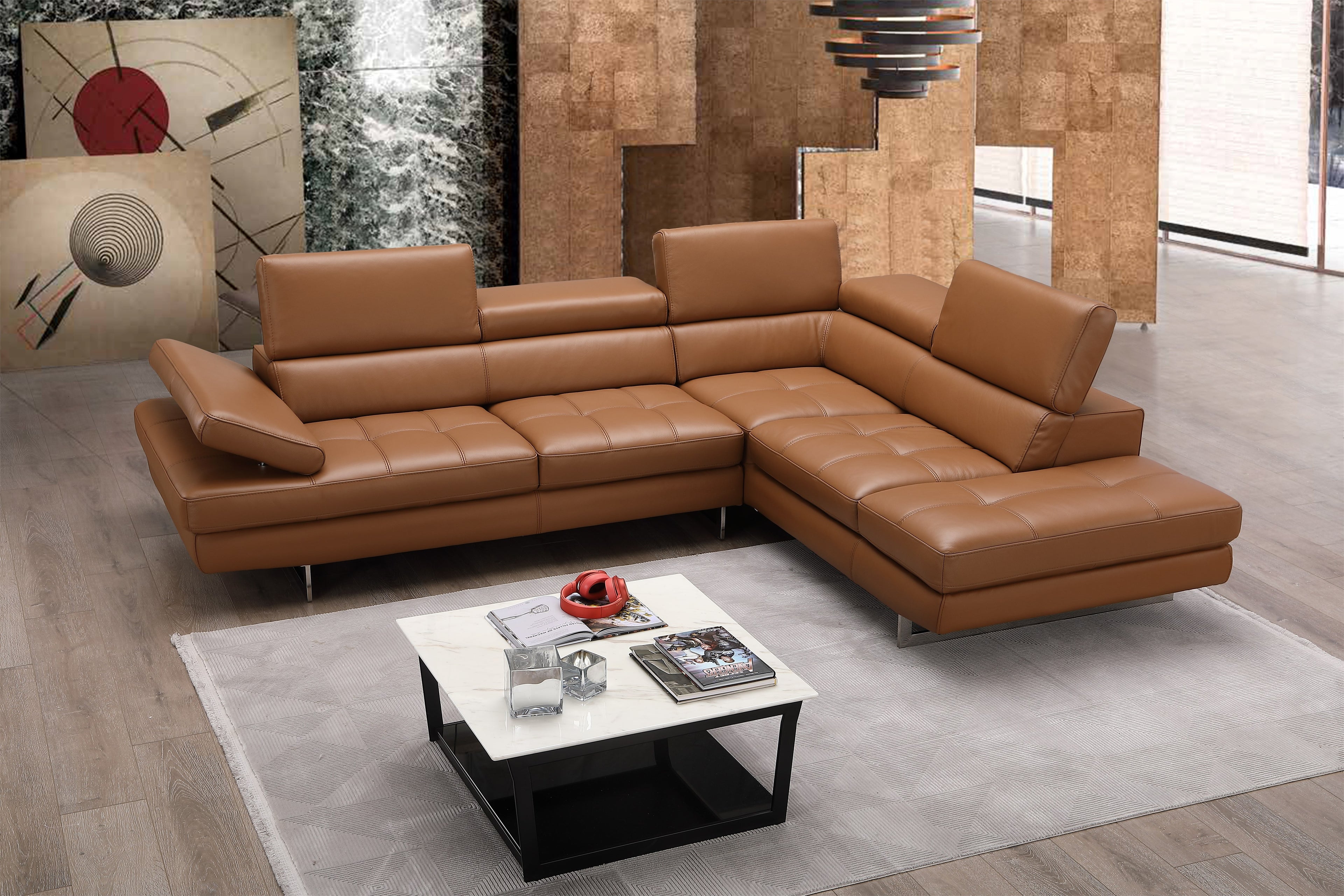 Caramel Italian Leather Sectional with Right-Hand-Facing Chaise