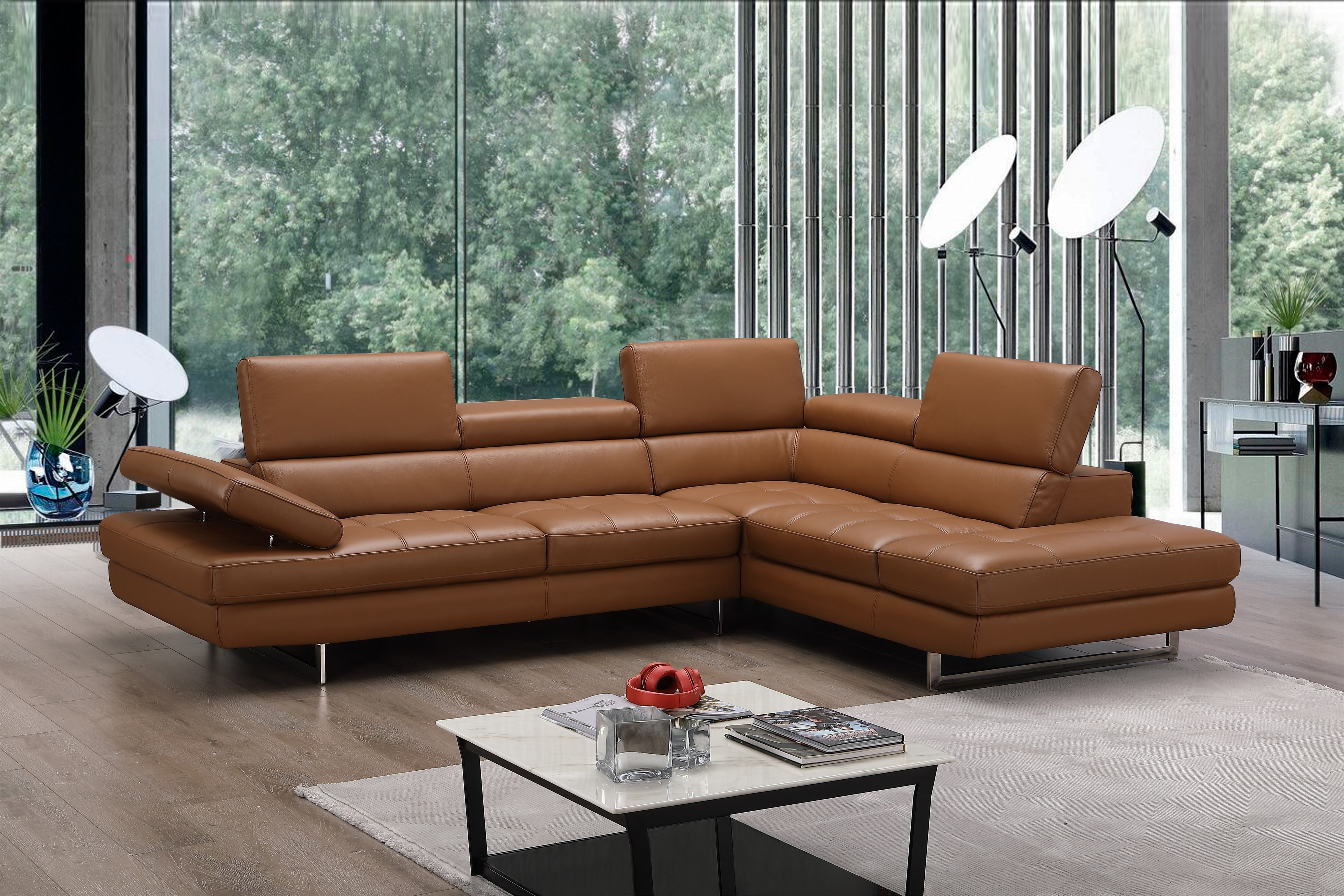 Caramel Italian Leather Sectional with Right-Hand-Facing Chaise