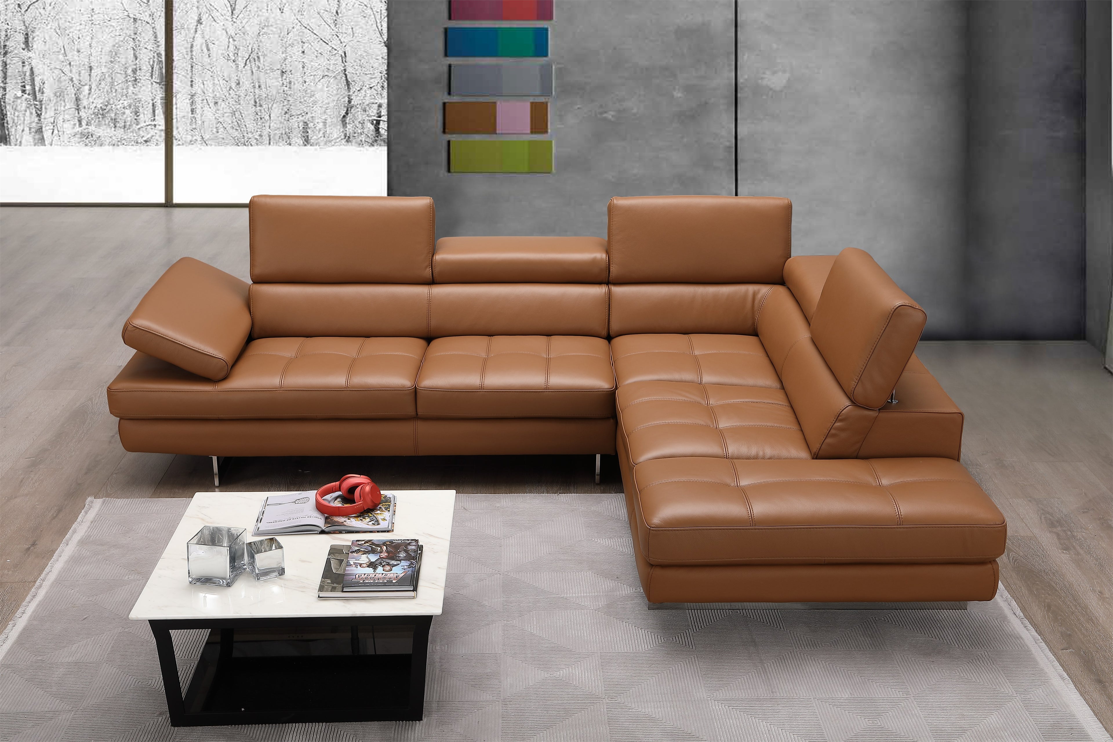 Caramel Italian Leather Sectional with Right-Hand-Facing Chaise
