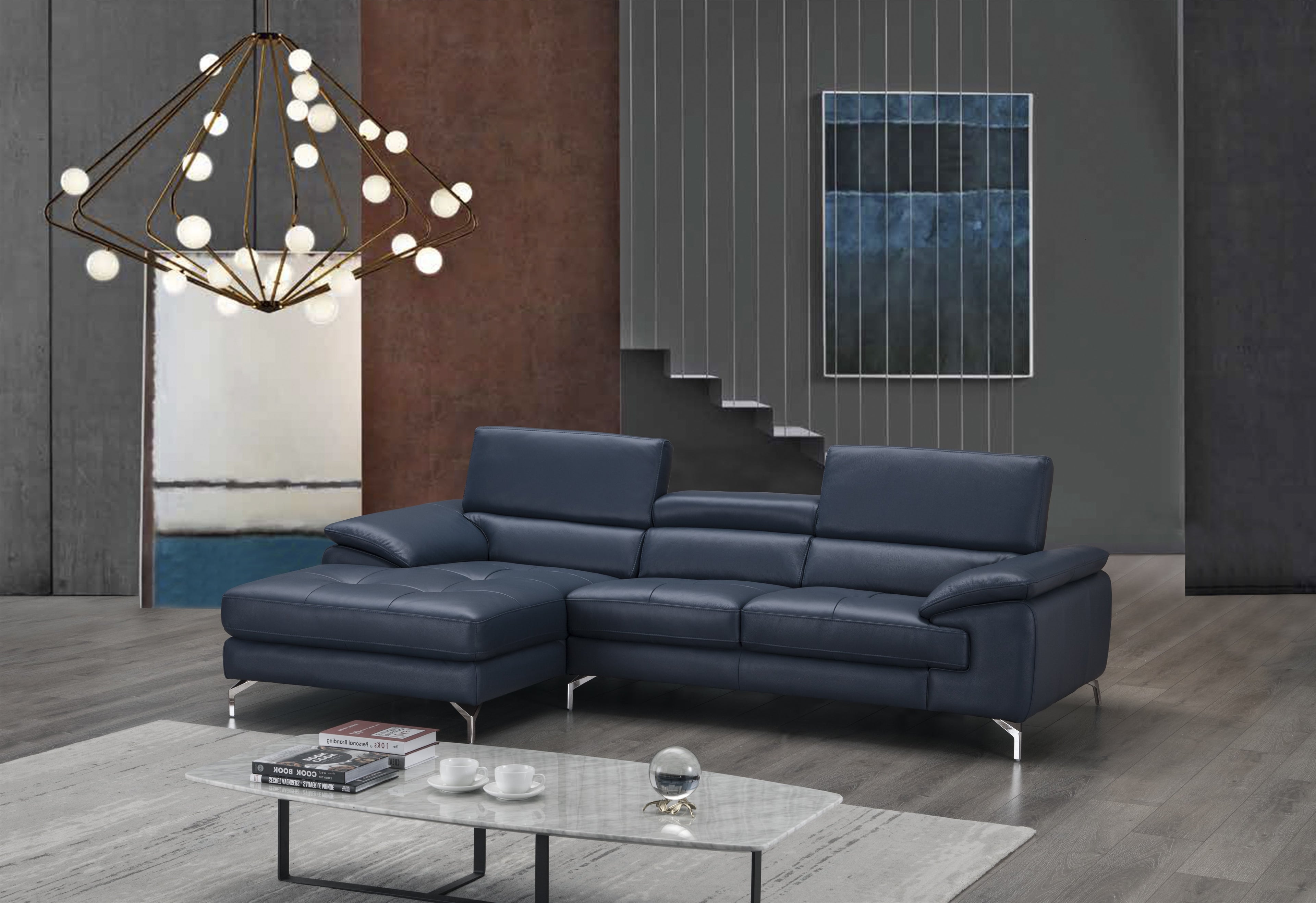 Blue Italian Leather Mini Sectional with Left-Hand-Facing Chaise