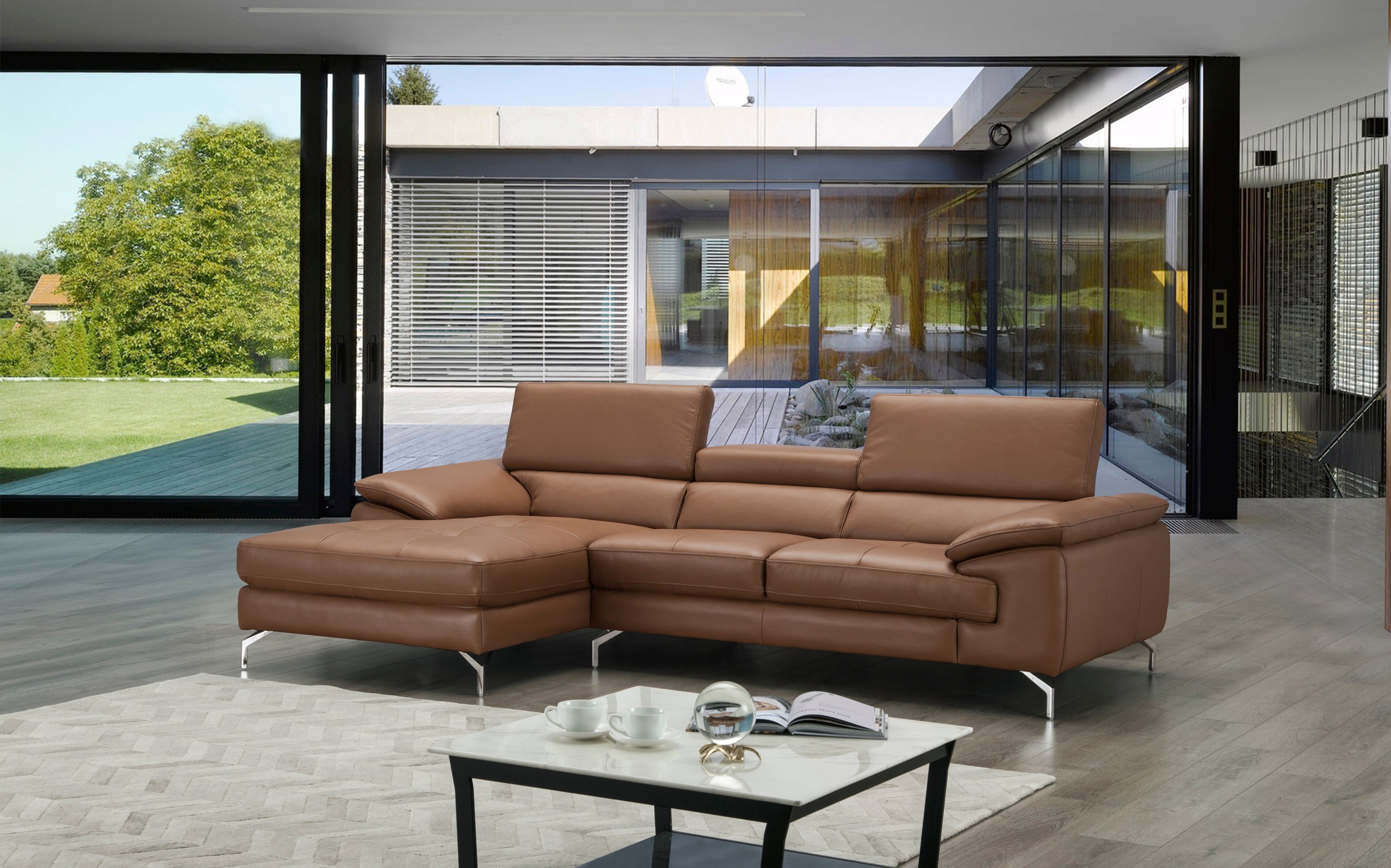 Caramel Italian Leather Mini Sectional with Left-Hand-Facing Chaise