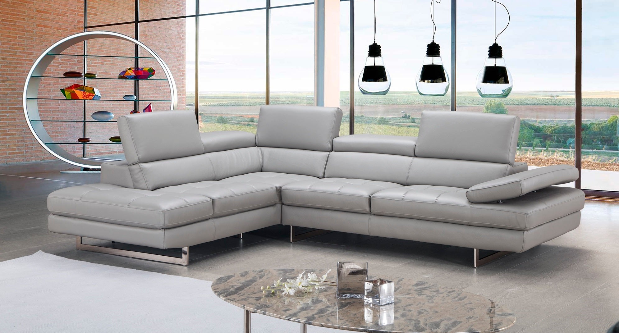 Light Grey Italian Leather Sectional with Left-Hand-Facing Chaise