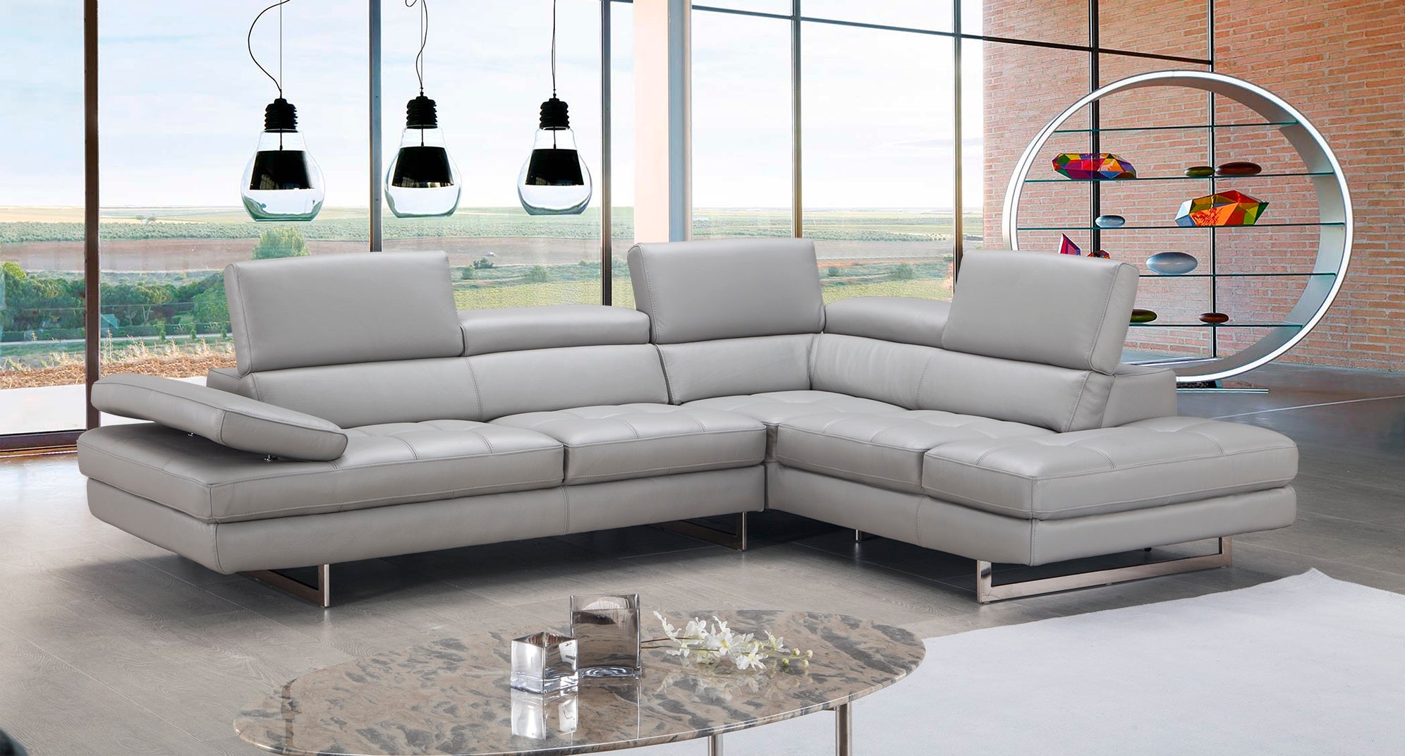 Light Grey Italian Leather Sectional with Right-Hand-Facing Chaise