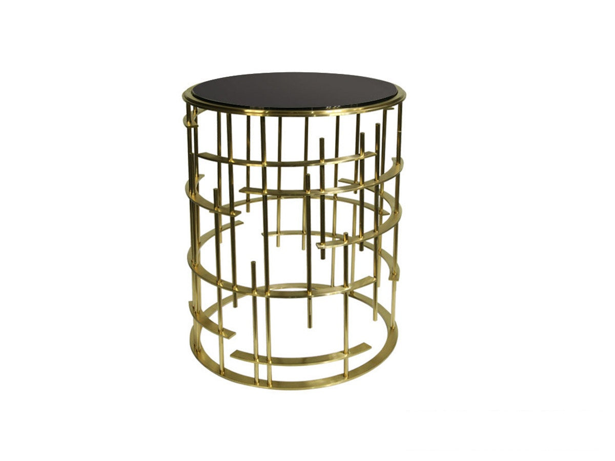 Brushed Gold Clock End Table with Black Glass Top