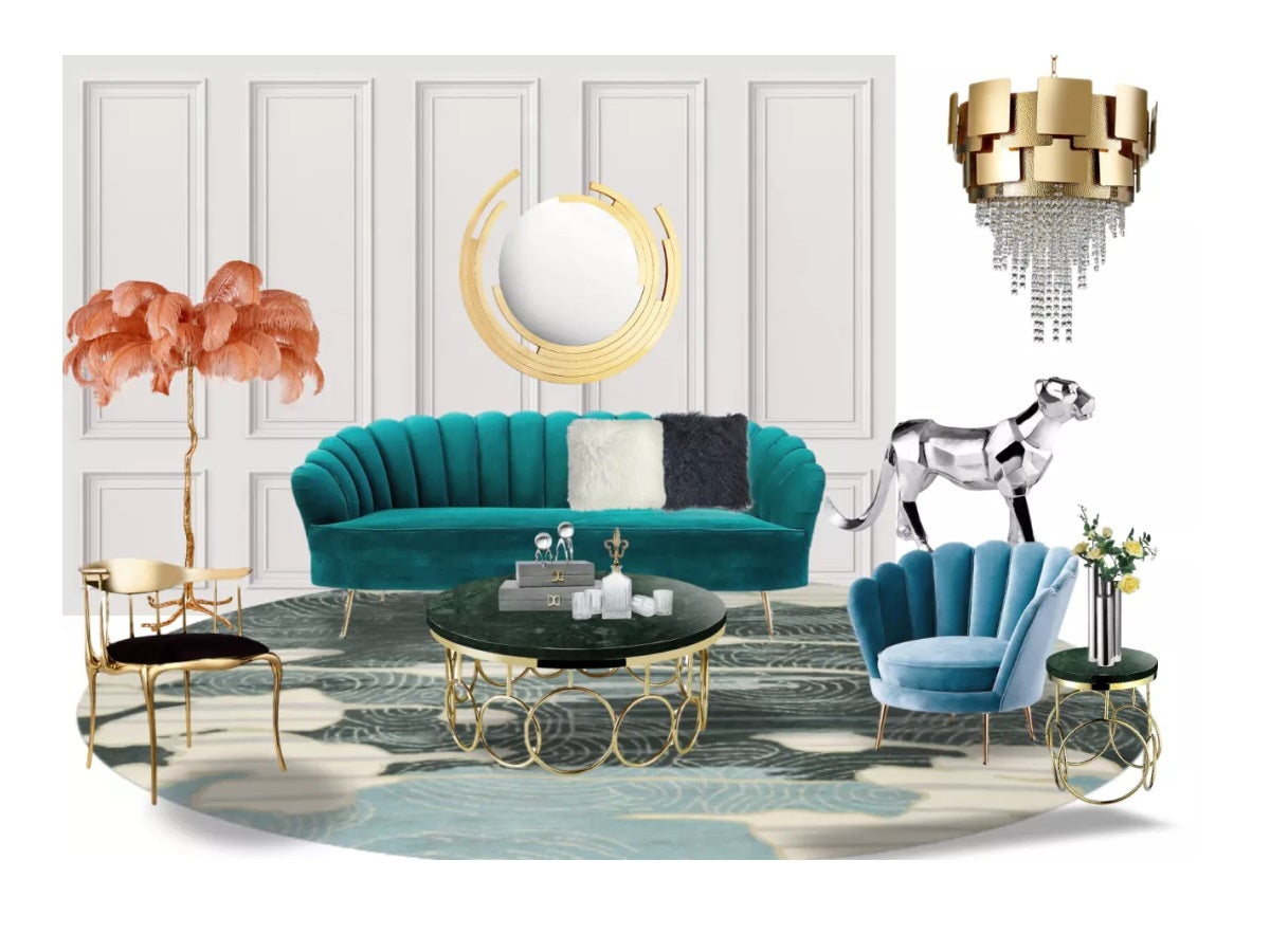 Fabric Sofa and Gold-Accent Chair Three-Piece Living Room Set