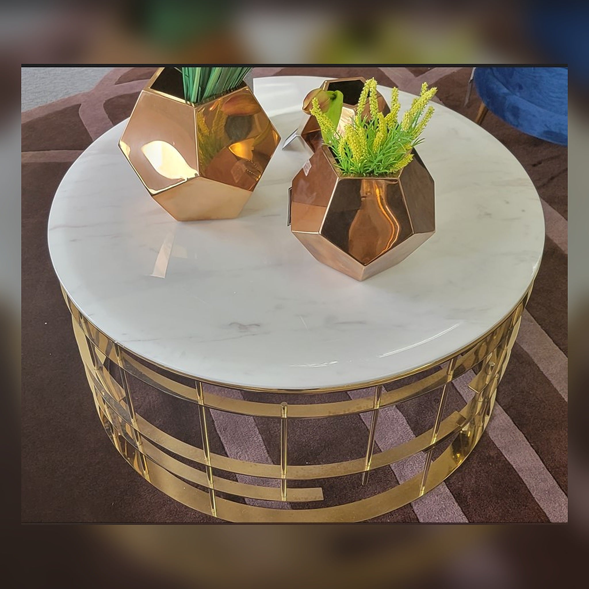 Round Stone-Top Coffee Table with Sculptural Gold-Tone Base