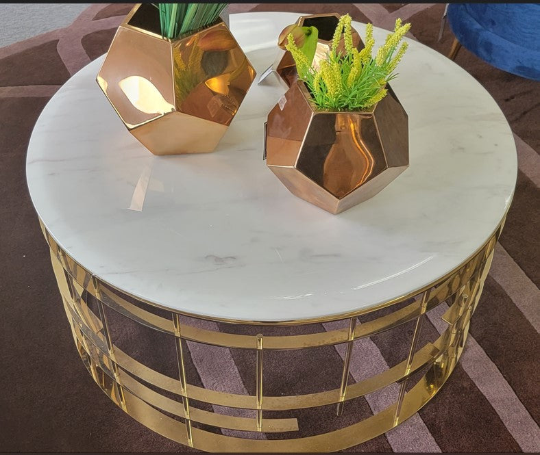 Round Stone-Top Coffee Table with Sculptural Gold-Tone Base