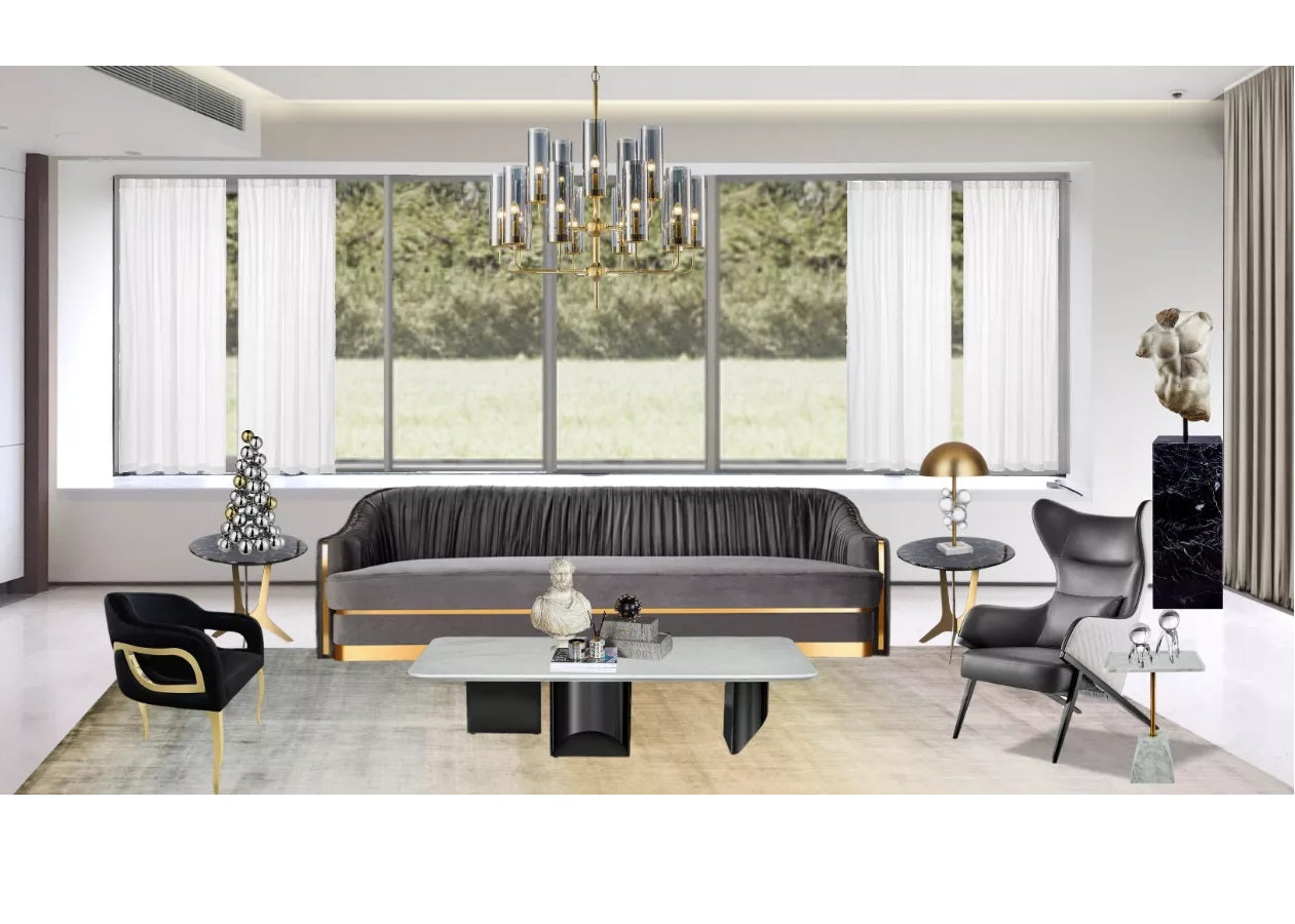 Cloth, Leather and Brushed Metal Three-Piece Living Room Set