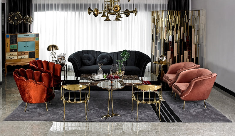Velvet Sofa and Six Gold-Accent Chairs Seven-Piece Living Room Set