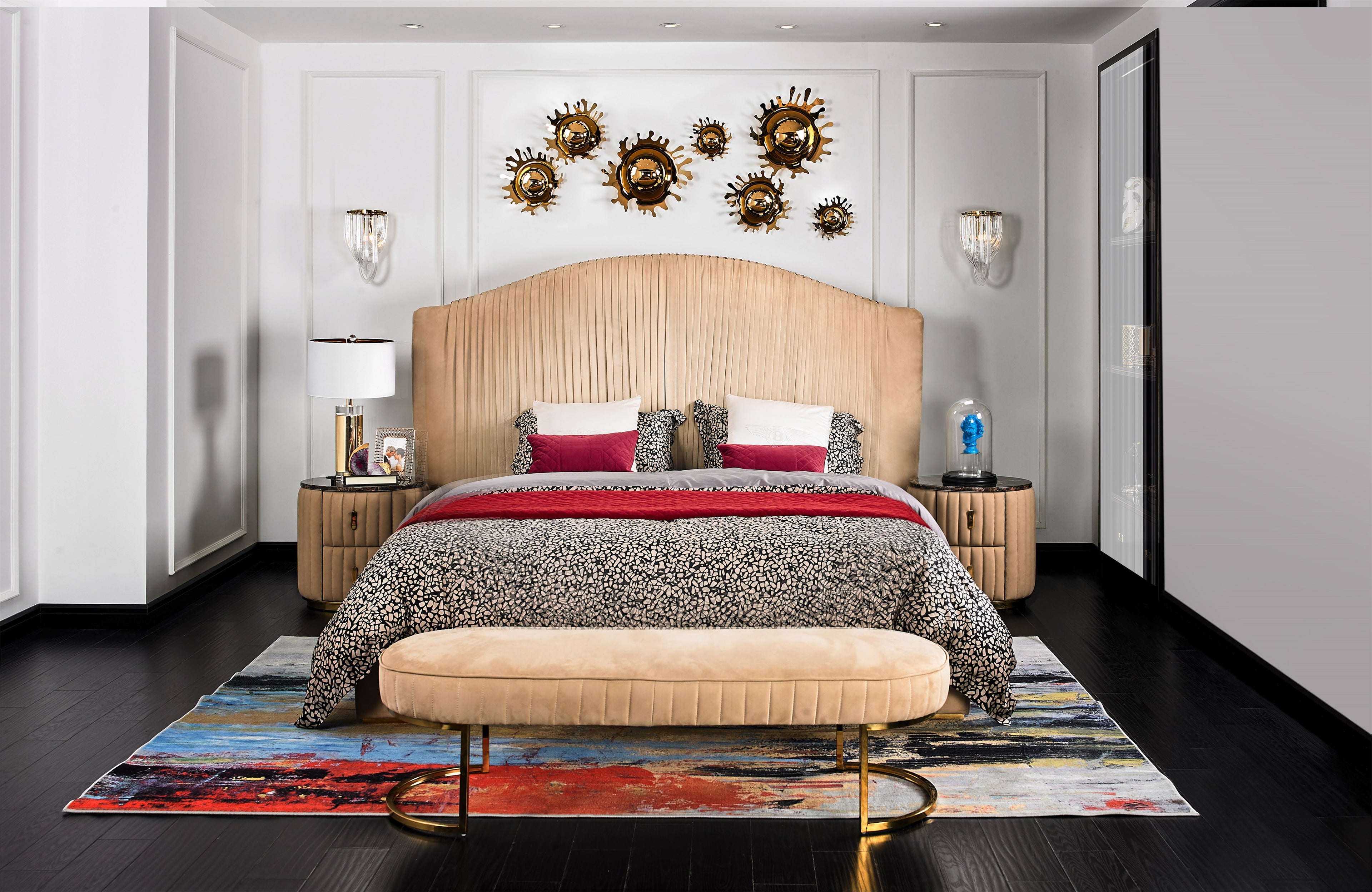 Cream Ecological Leather King Bed and Bench Set with Brushed Gold Accents