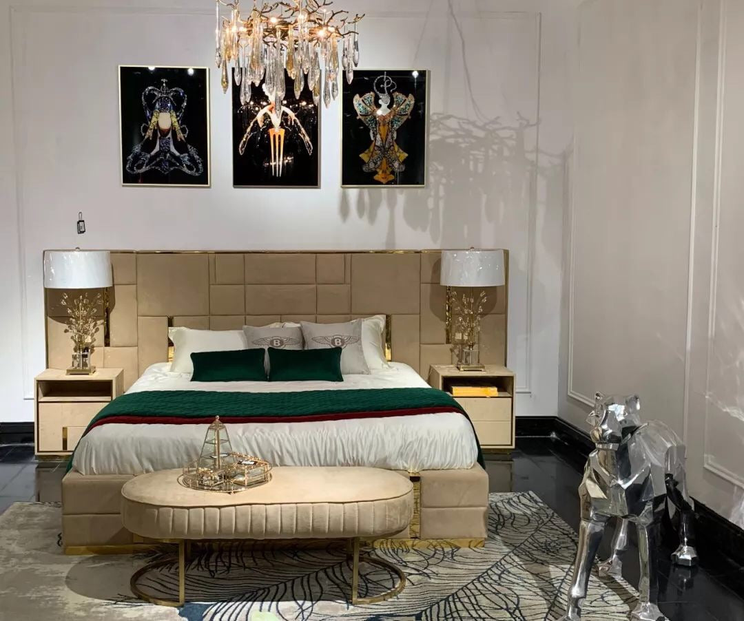 Cream Ecological Leather King Bed and Bench Set with Stainless Steel Accents