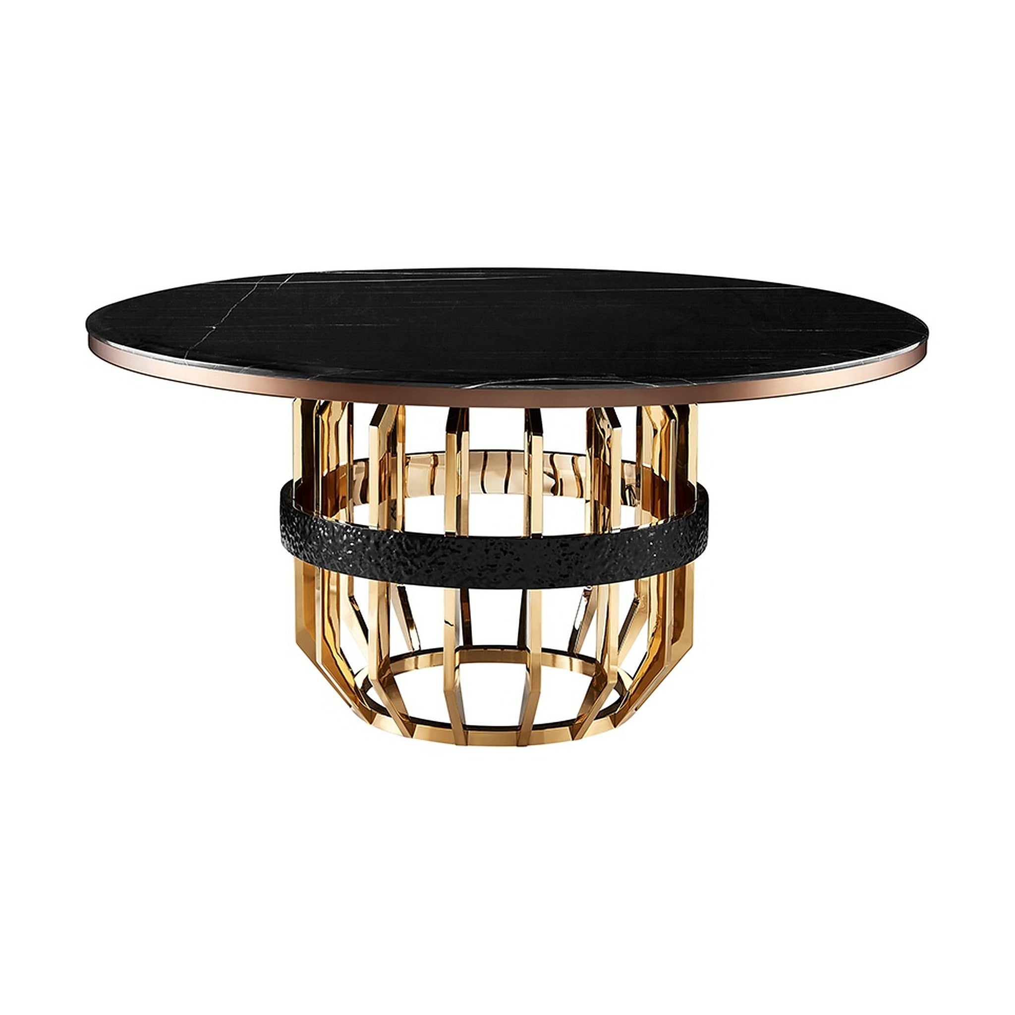 Round Black Marble Dining Table with Sculptural Gold Base