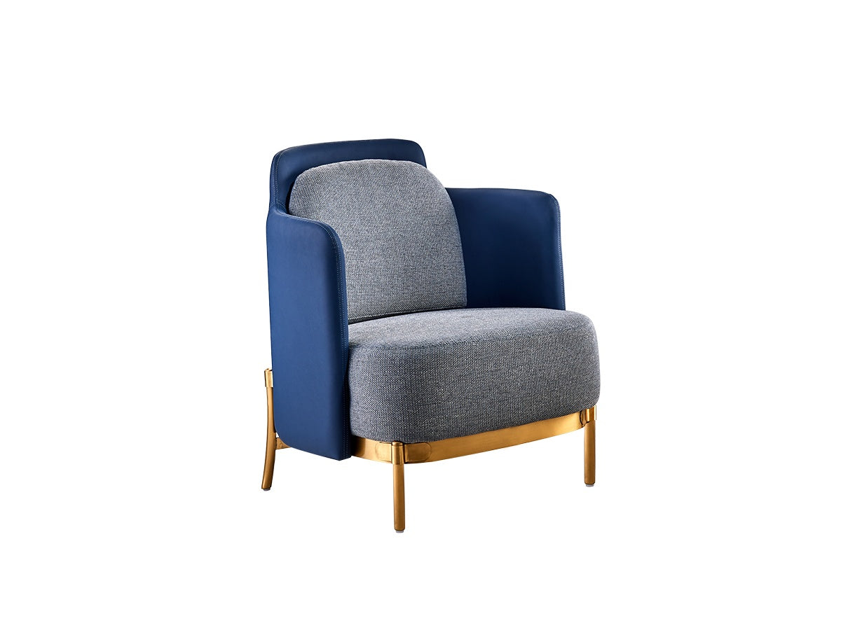 Blue and Grey Leather Accent Chair with Polished Gold Frame