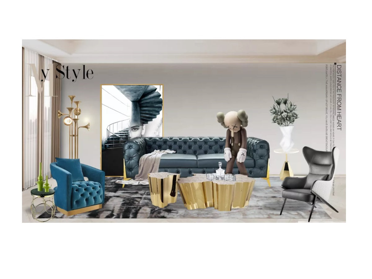 Microfiber Leather Sofa and Velvet Accent Chair Three-Piece Set