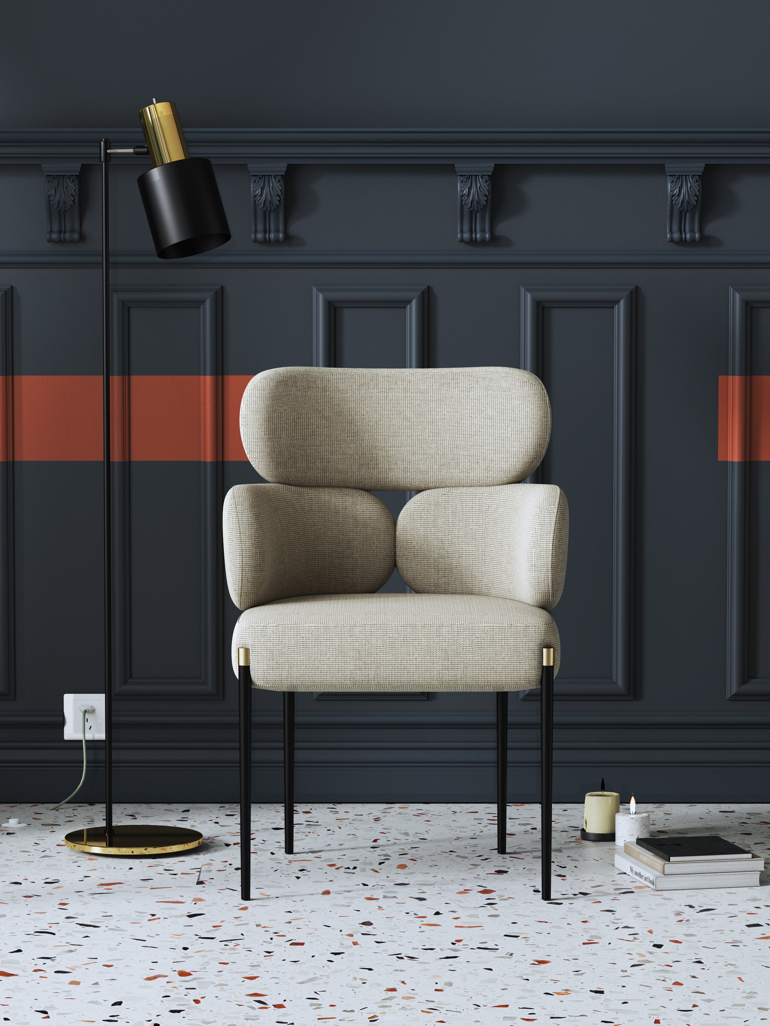 Microfiber Leather And Metal And Matt Black Brass Cap Dining Chair