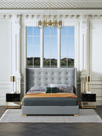 Microfiber Leather Upholstered Bed with Structured Upholstered Headboard
