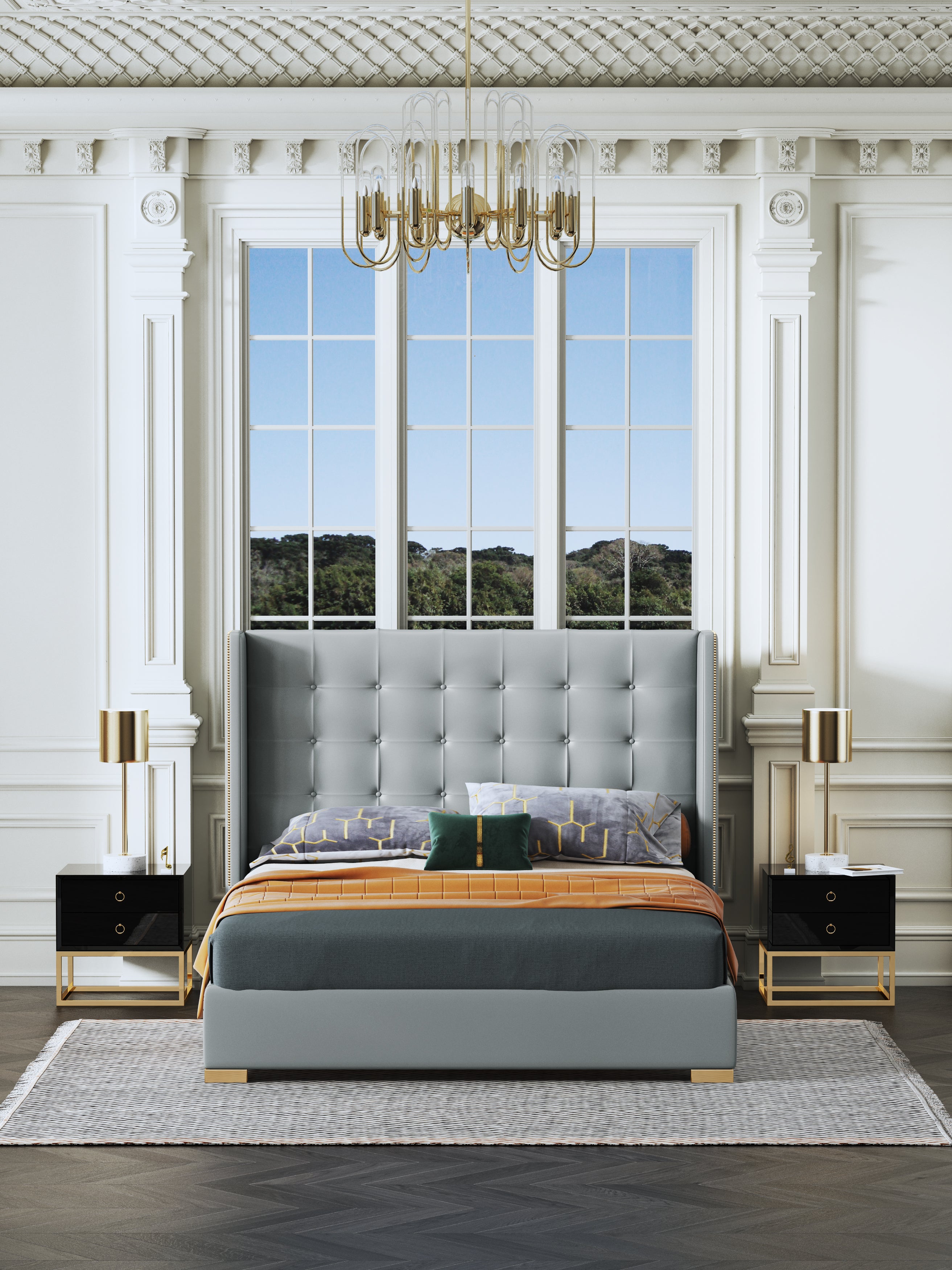 Microfiber Leather Upholstered Bed with Structured Upholstered Headboard