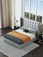 Microfiber Leather Upholstered Bed with Structured Upholstered Headboard