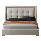 Tall-Back Microfiber Leather Upholstered Bed with Metal Accents