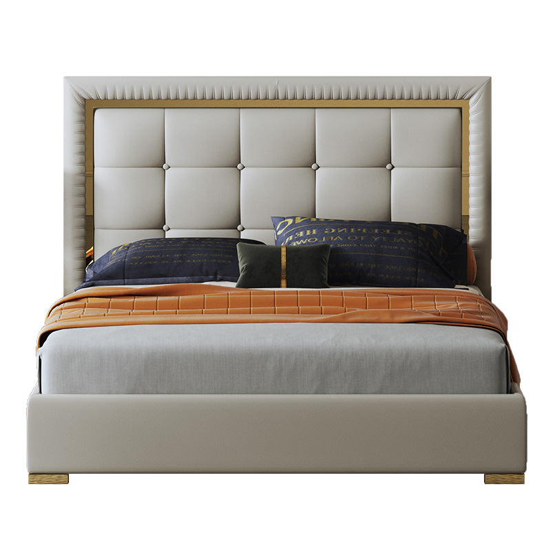 Tall-Back Microfiber Leather Upholstered Bed with Metal Accents