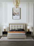 Tall-Back Microfiber Leather Upholstered Bed with Metal Accents