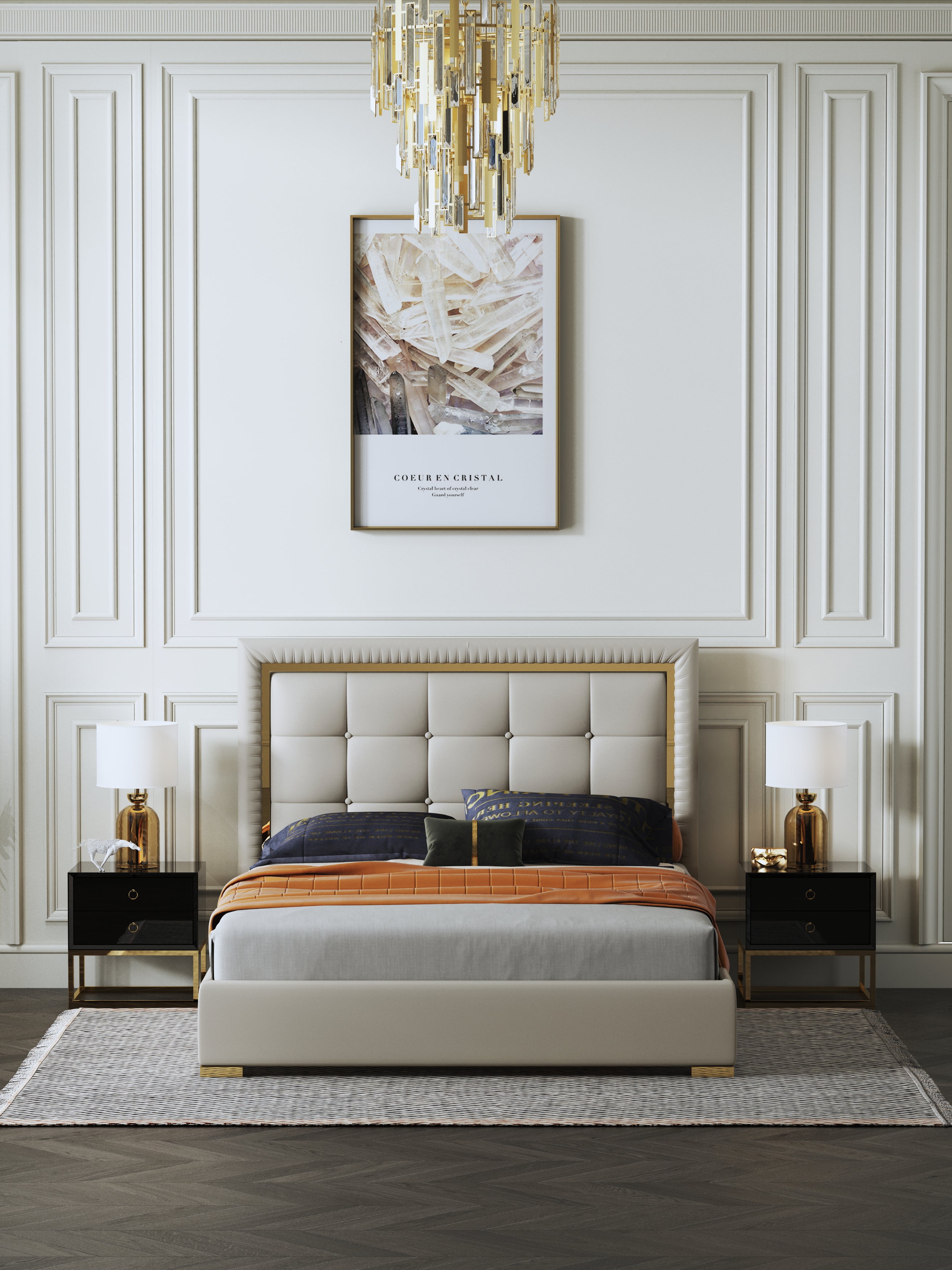 Tall-Back Microfiber Leather Upholstered Bed with Metal Accents