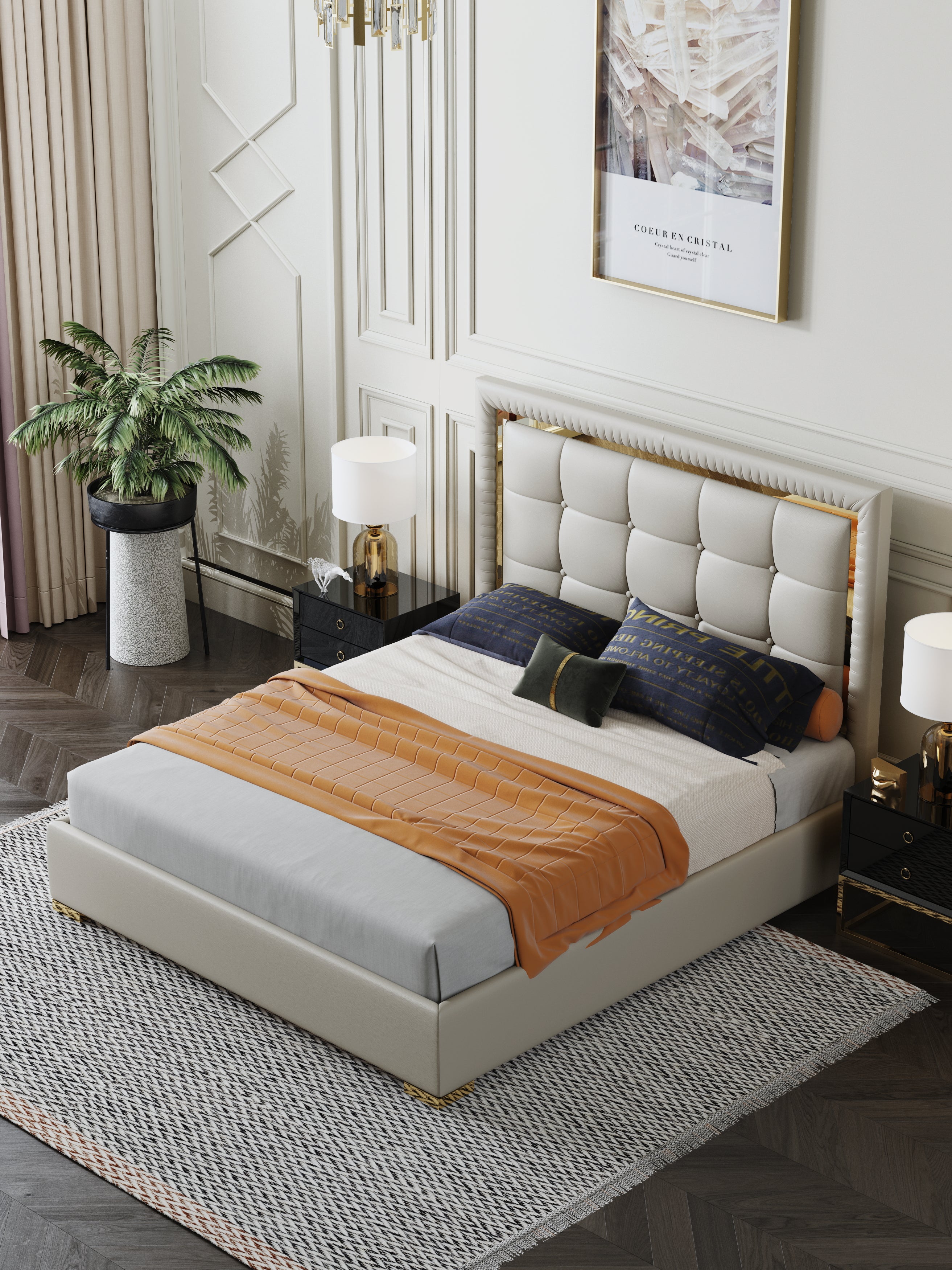 Tall-Back Microfiber Leather Upholstered Bed with Metal Accents