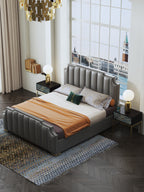Microfiber Leather Upholstered Bed with Tailored Tall-Back Profile