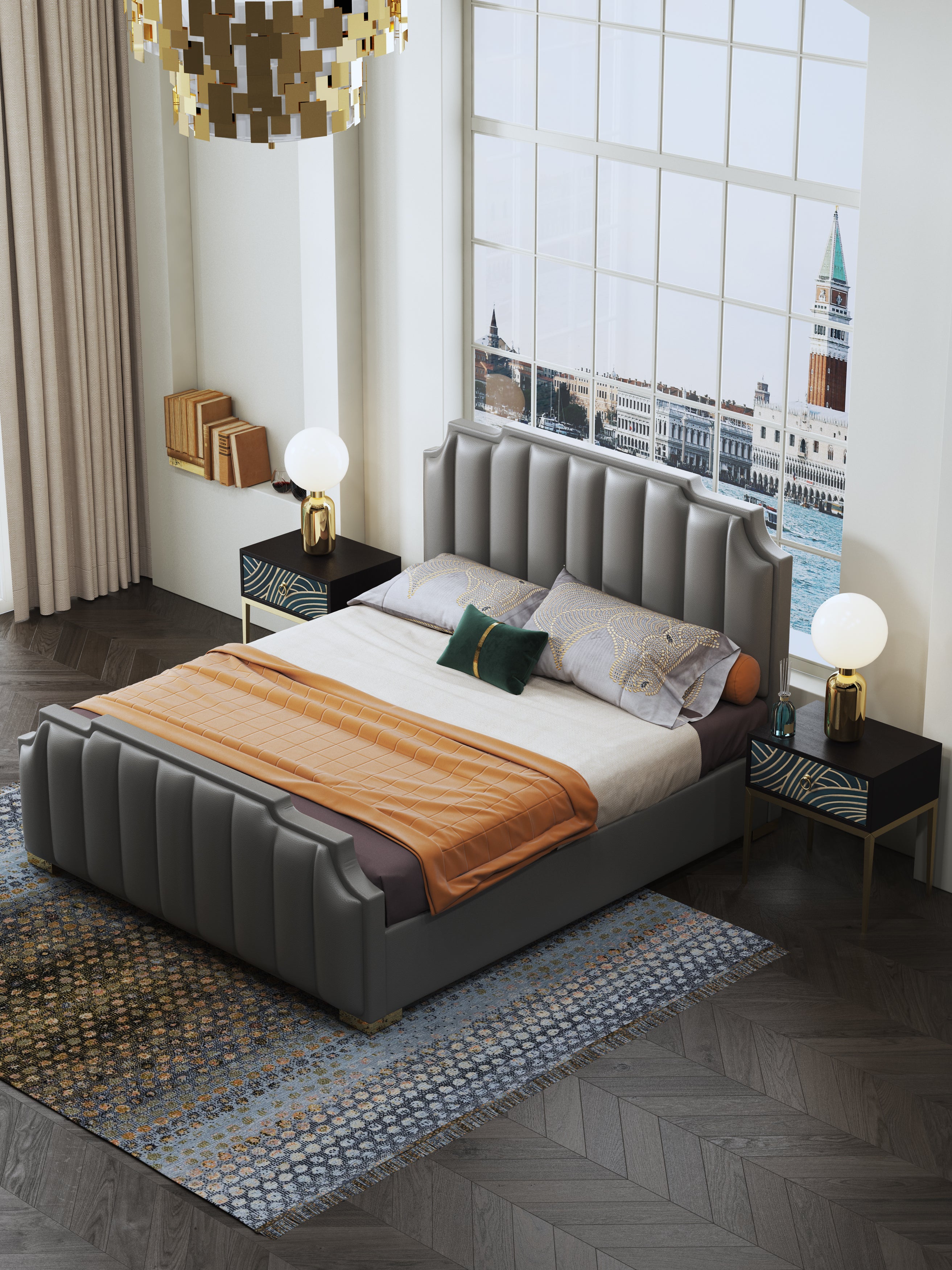 Microfiber Leather Upholstered Bed with Tailored Tall-Back Profile