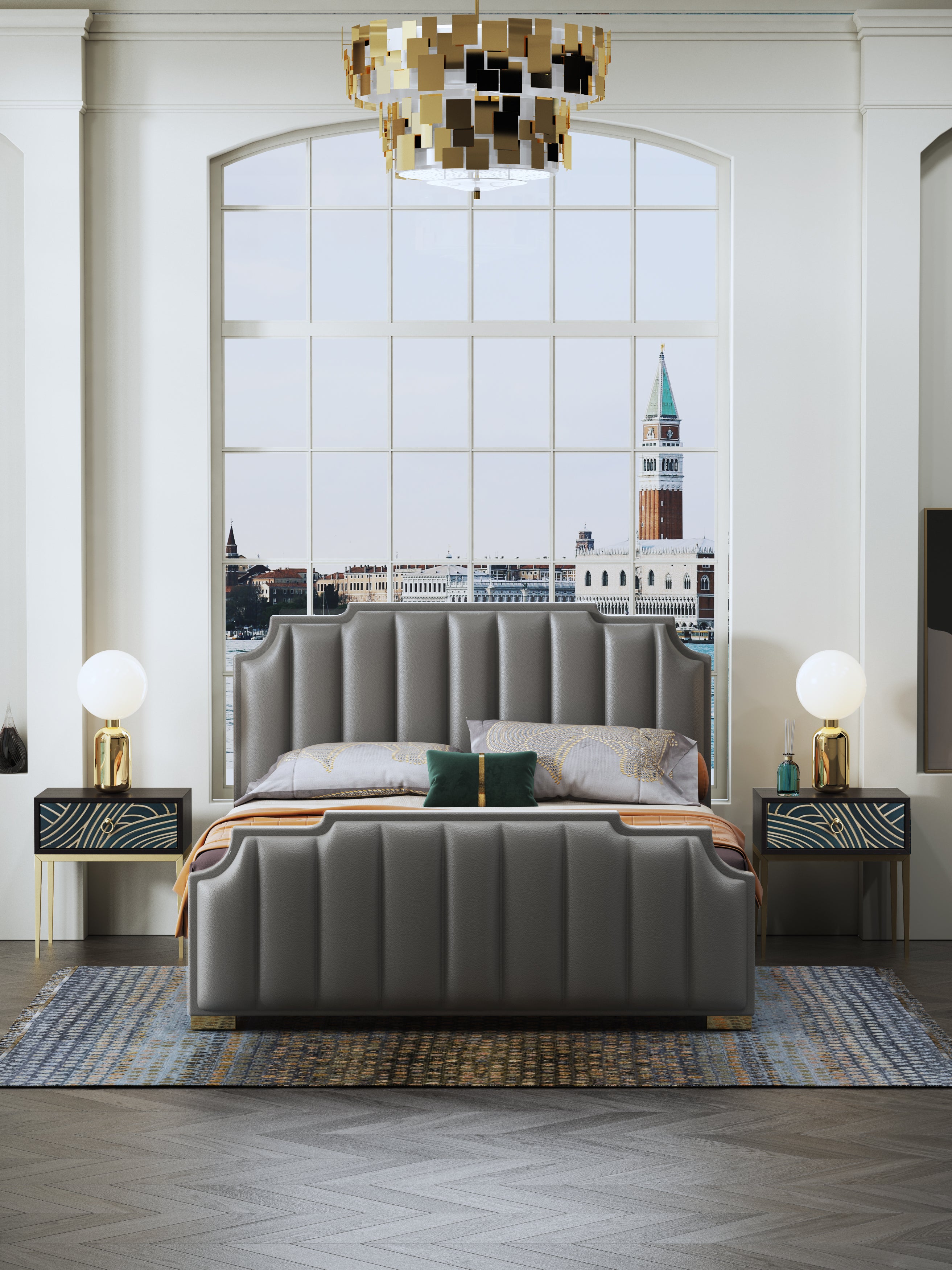 Microfiber Leather Upholstered Bed with Tailored Tall-Back Profile