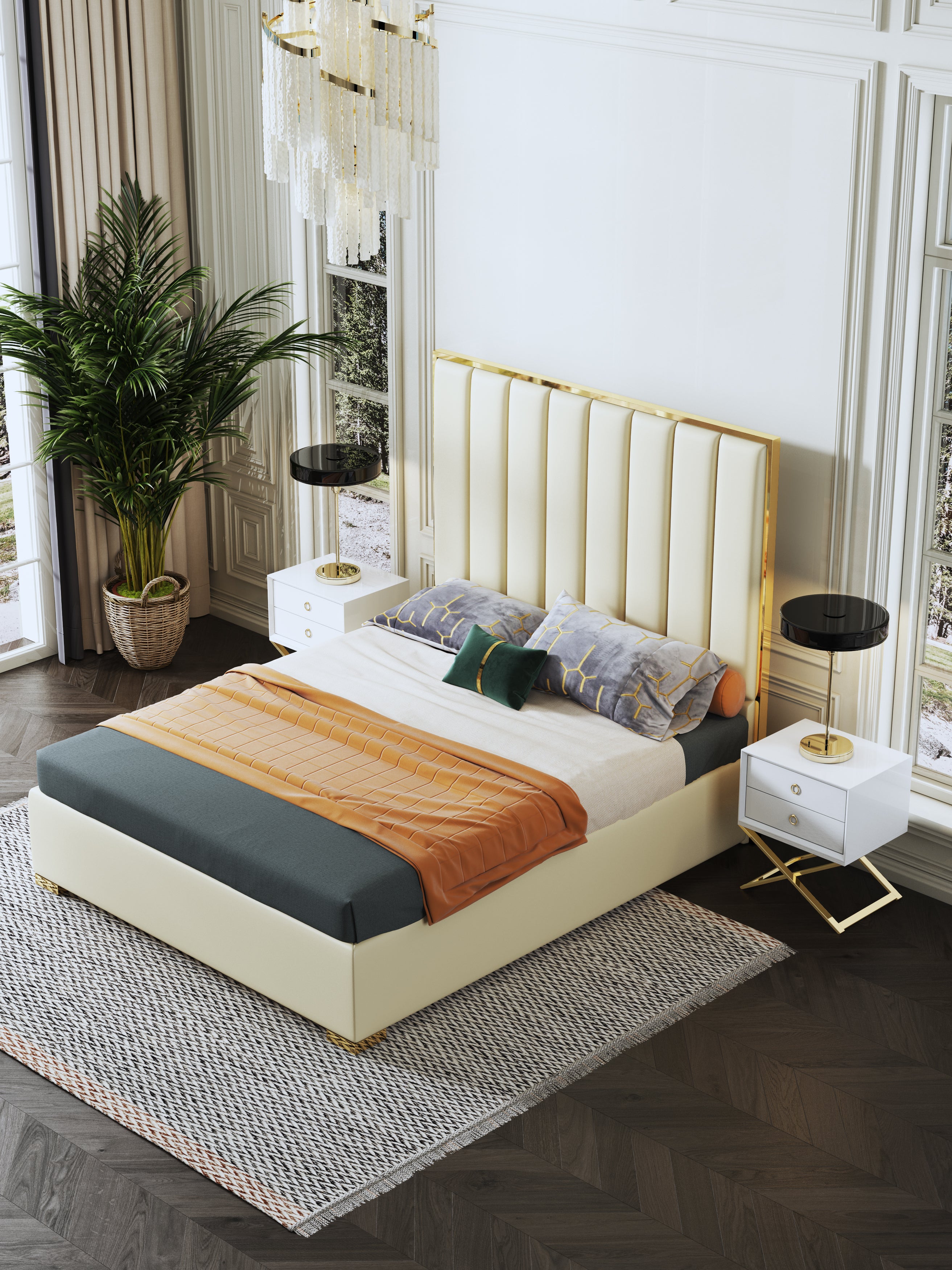 Tall-Back Upholstered Bed in Microfiber Leather