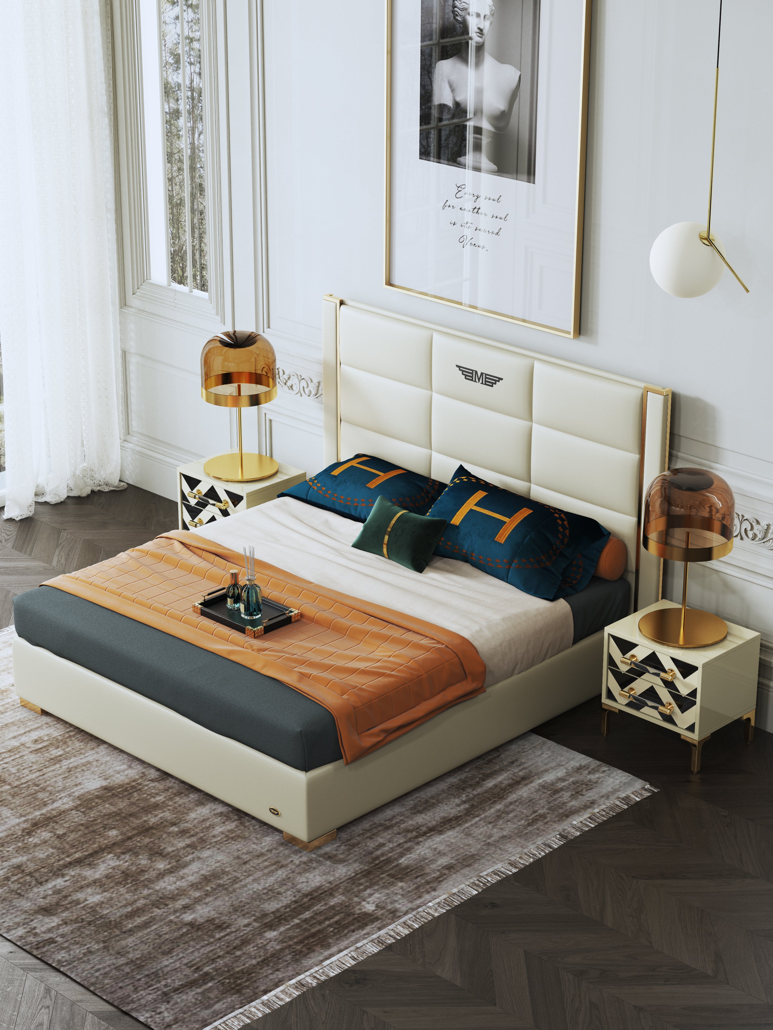 Tall-Back Microfiber Leather Upholstered Bed