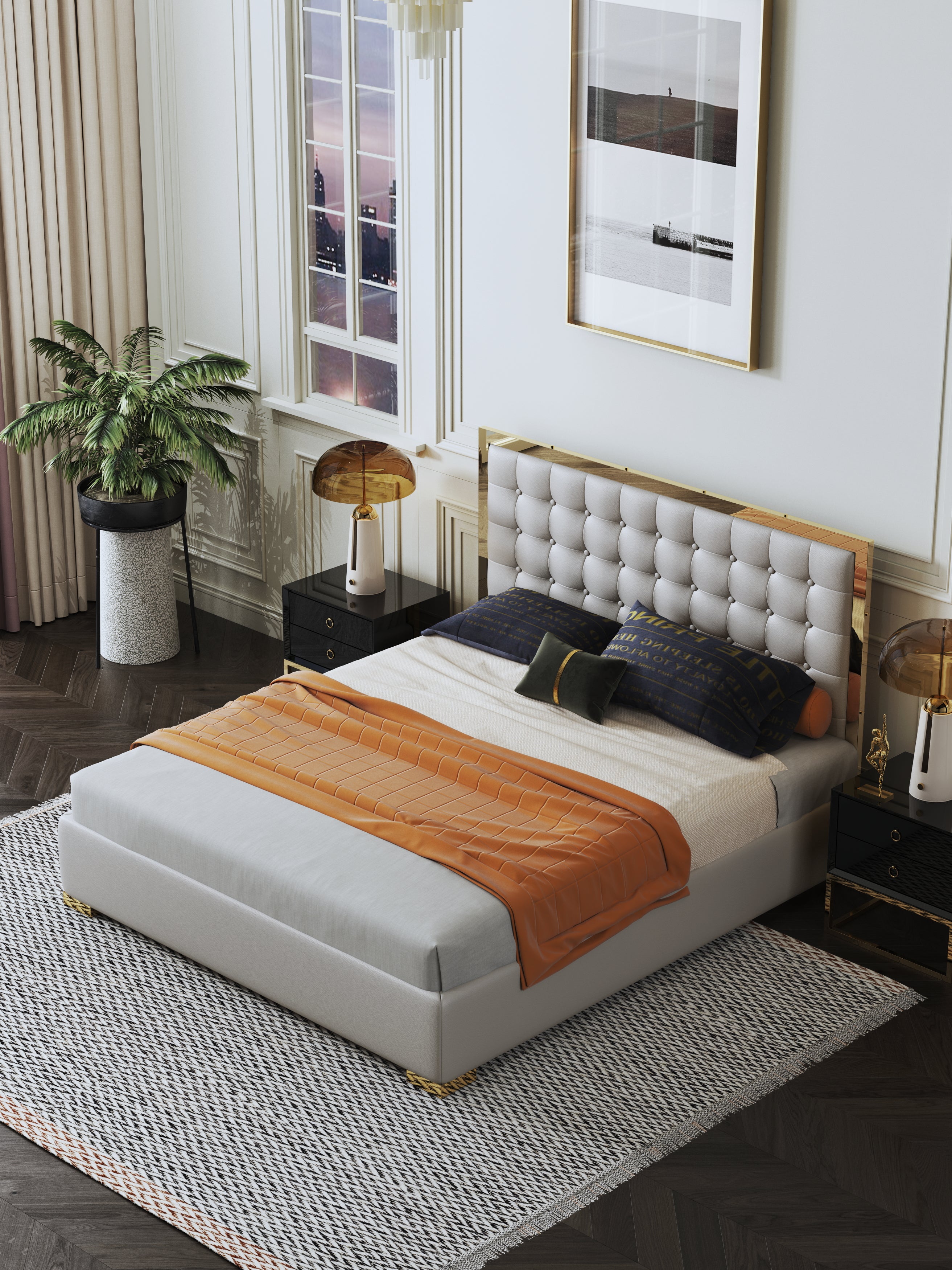 Microfiber Leather Upholstered Bed with Tall-Back Headboard