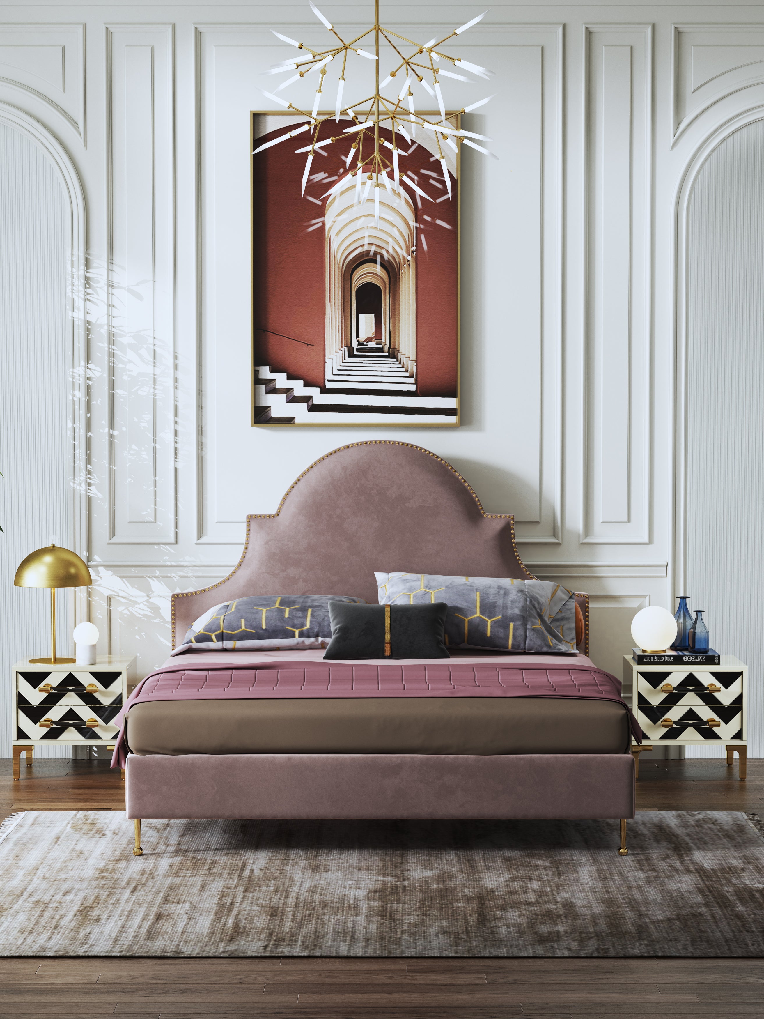 Statement-Height Velvet Upholstered Bed with Metal Accents