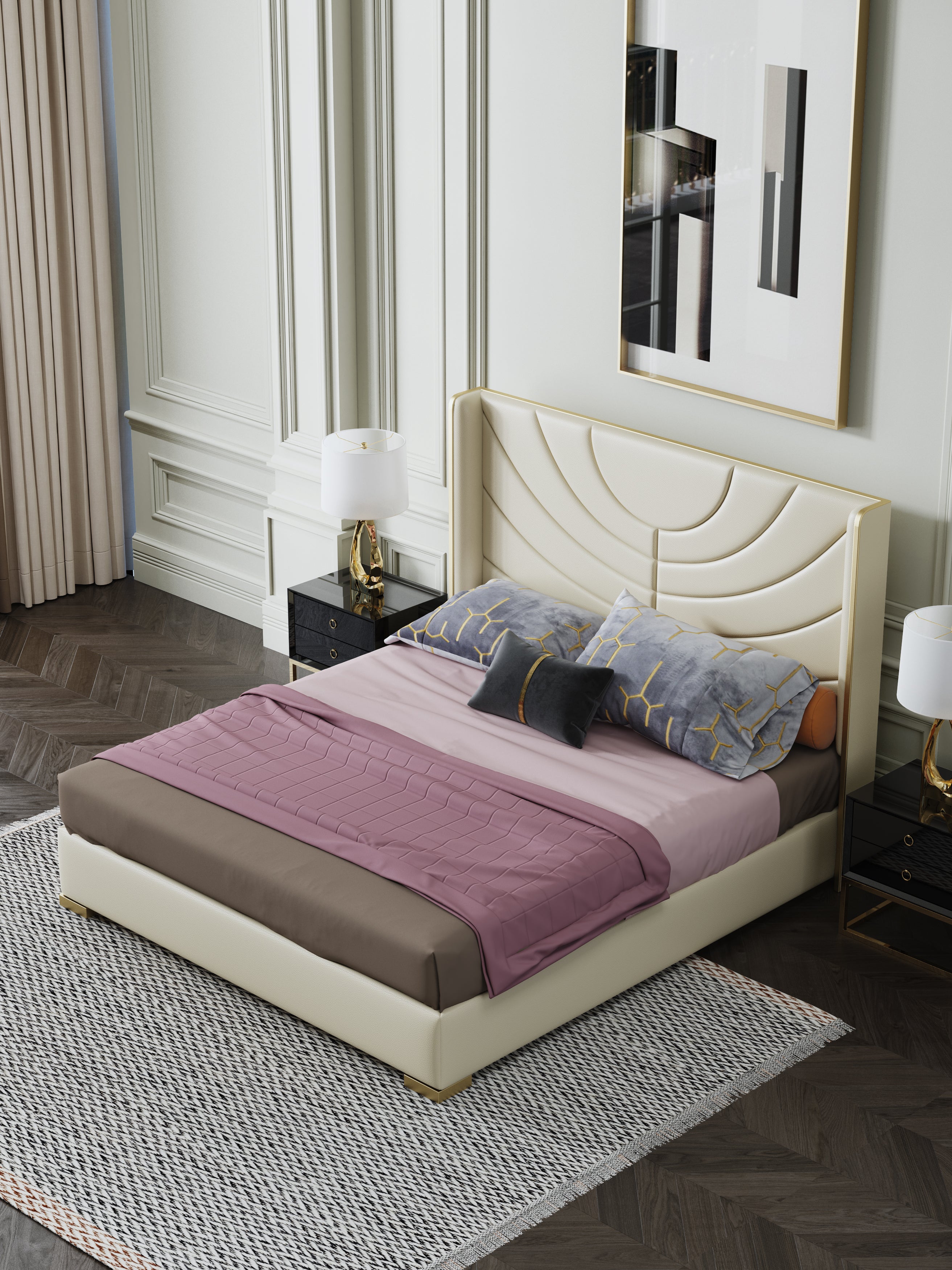 Microfiber Leather Bed with Tall Upholstered Headboard