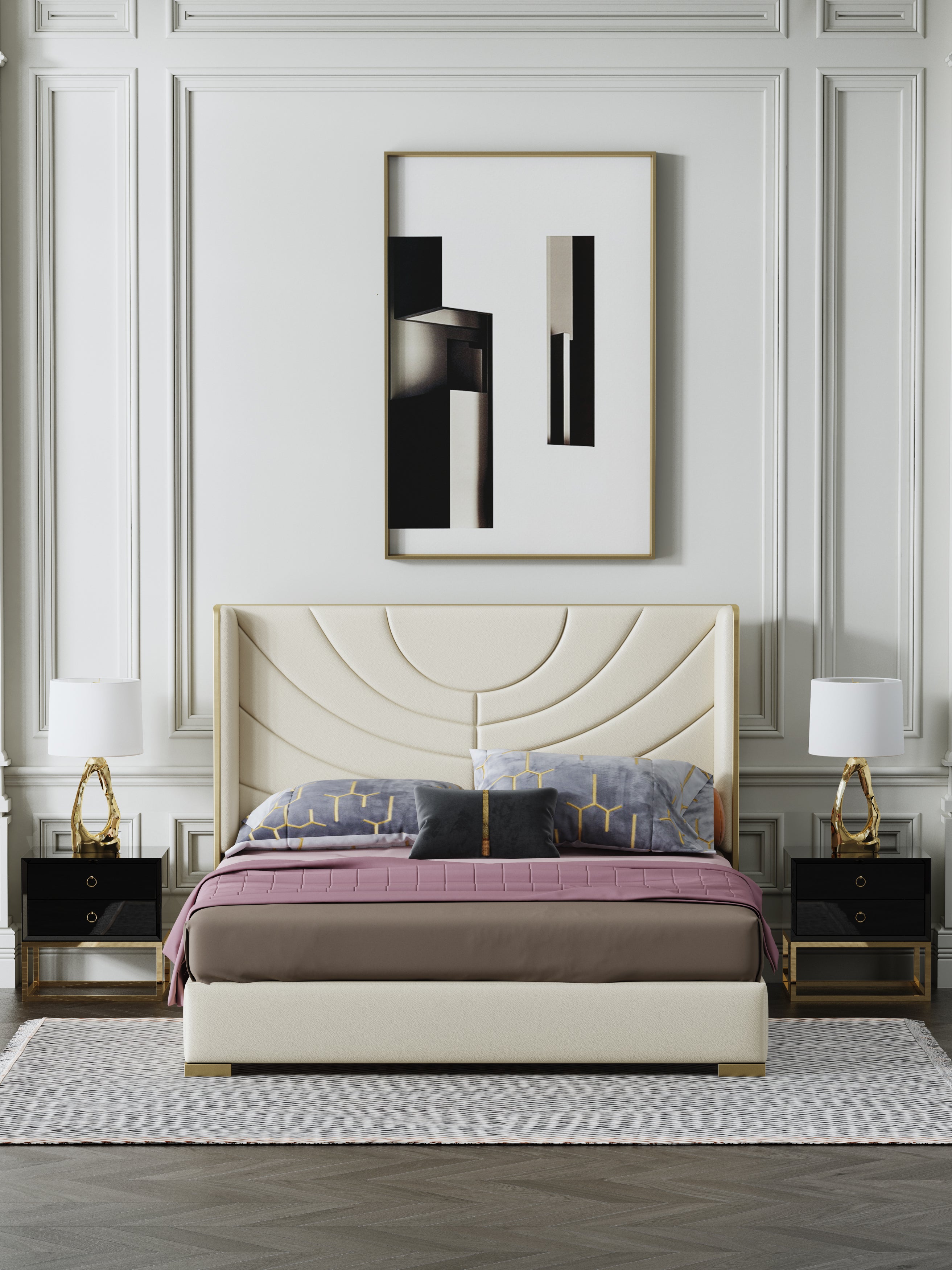 Microfiber Leather Bed with Tall Upholstered Headboard