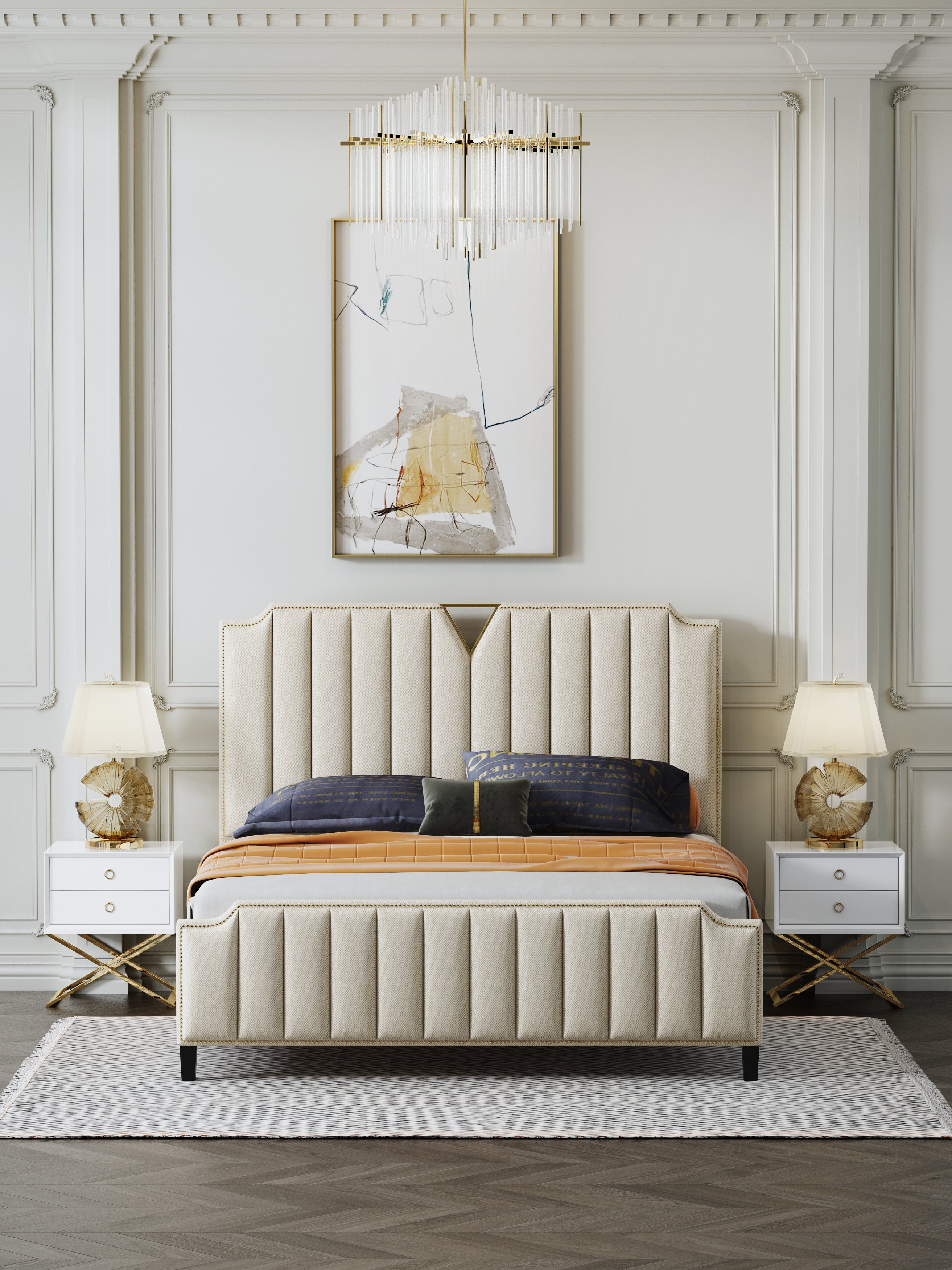 Tall-Back Velvet Upholstered Bed with Metal Frame