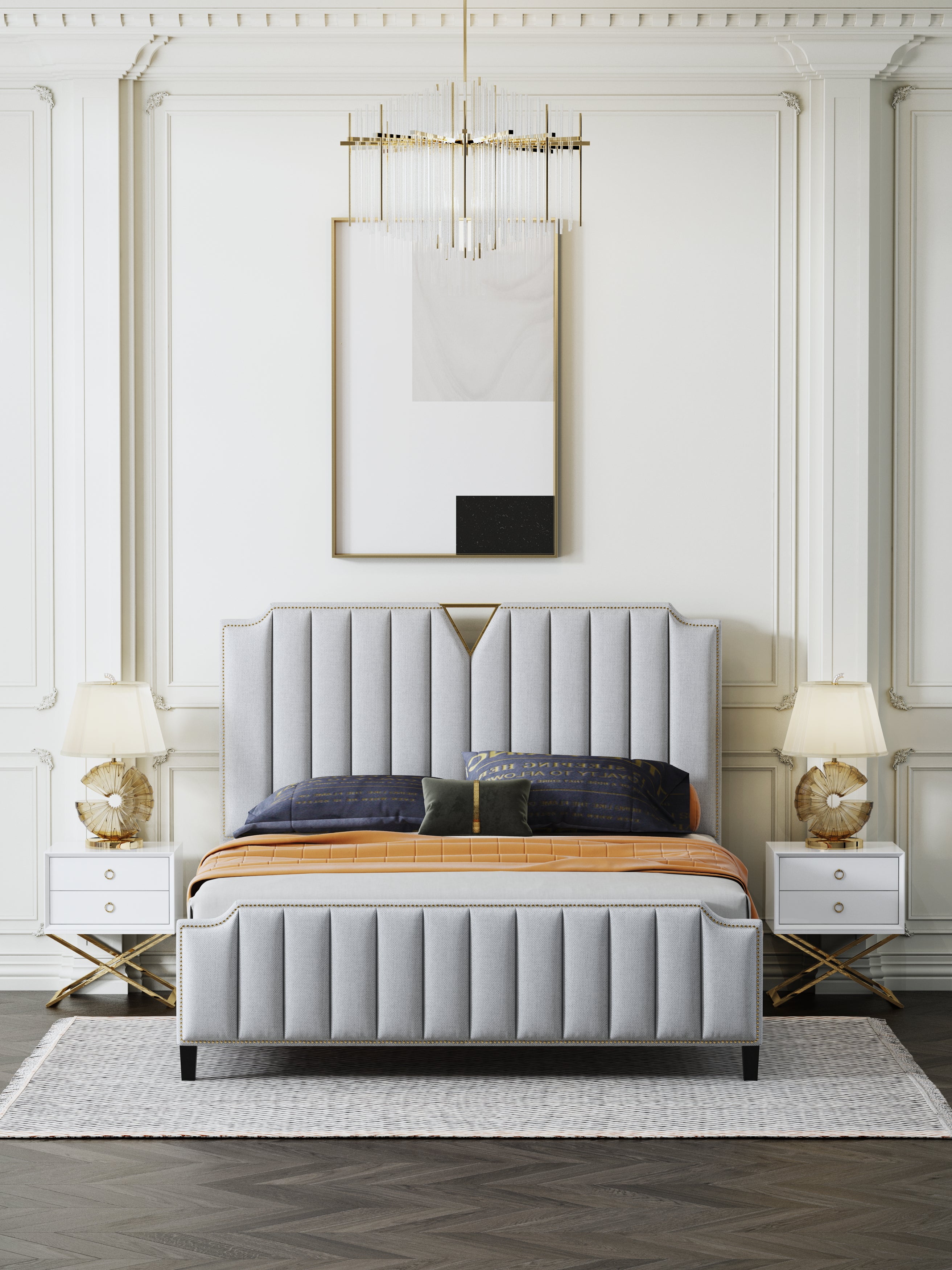 Tall-Back Velvet Upholstered Bed with Metal Accents