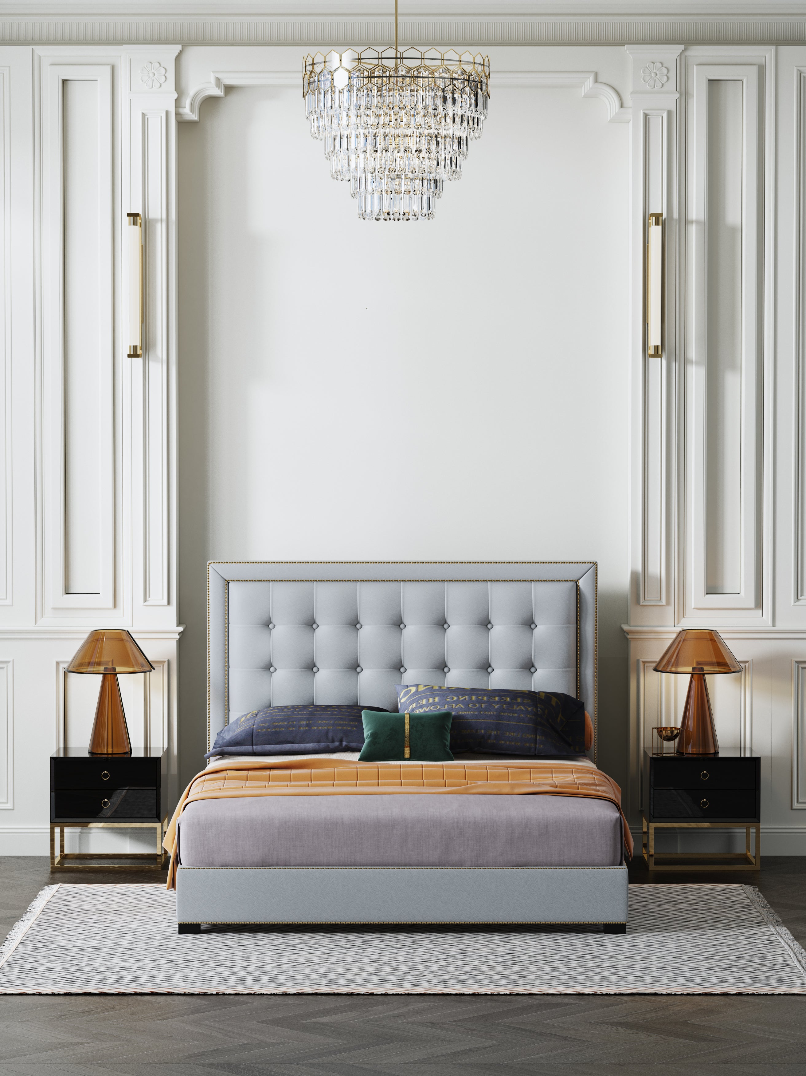 Microfiber Leather Upholstered Bed with Tailored Statement-Height Profile