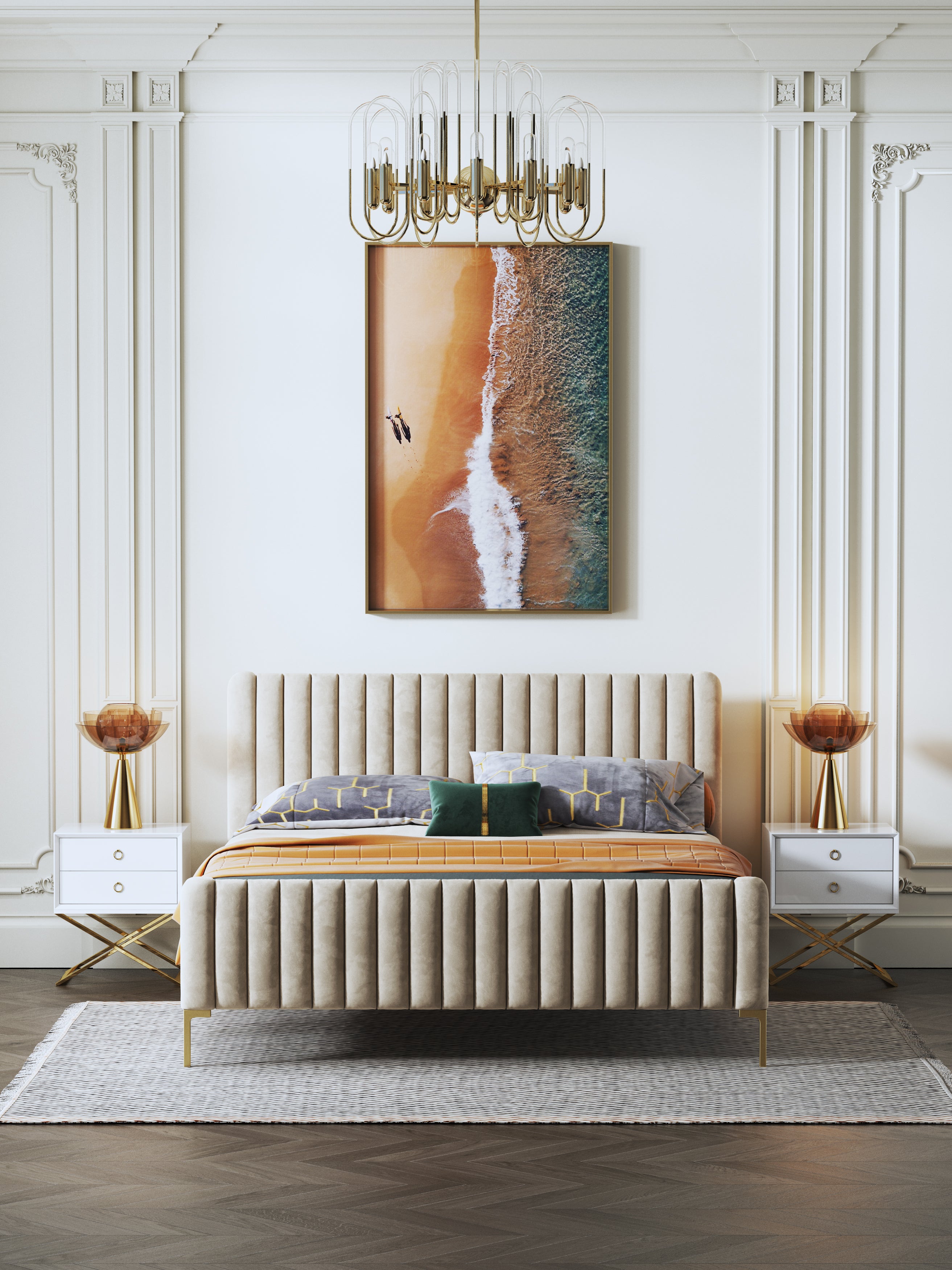 Solid Wood Velvet Bed with Mid-Height Headboard