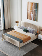 Solid Wood Velvet Bed with Mid-Height Headboard