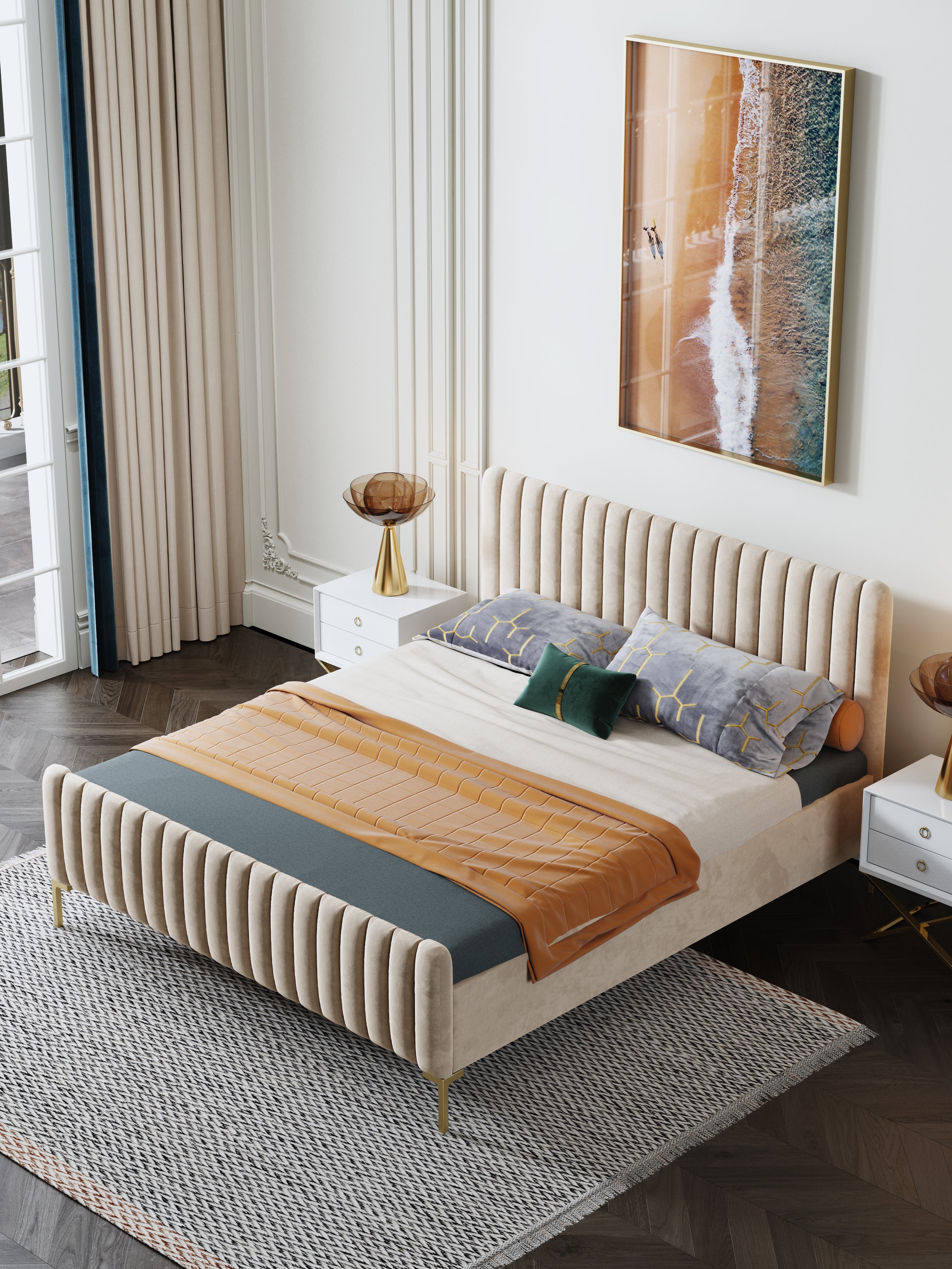 Solid Wood Velvet Bed with Mid-Height Headboard