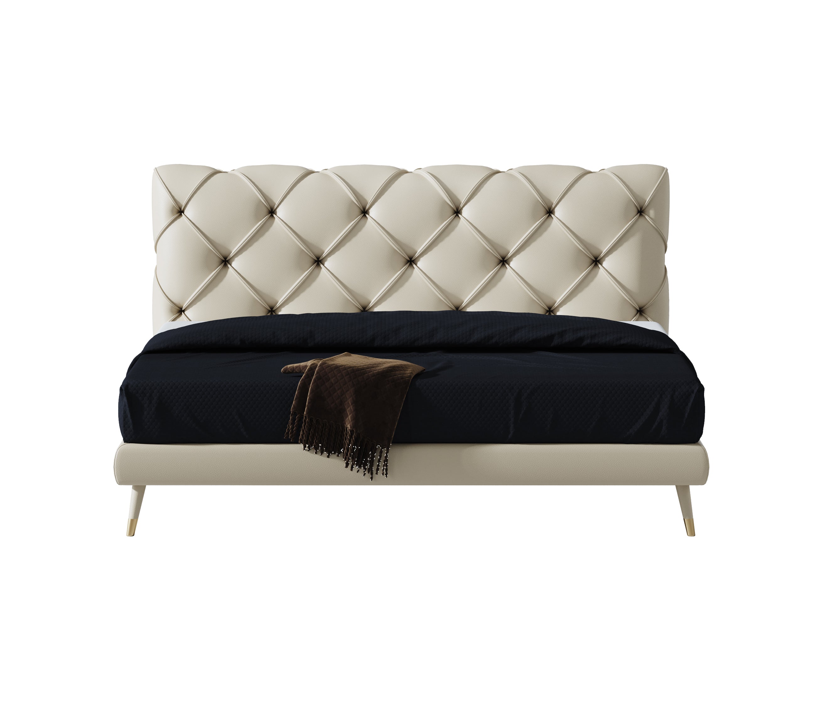 Genuine Leather Upholstered Bed with Low-Profile Headboard