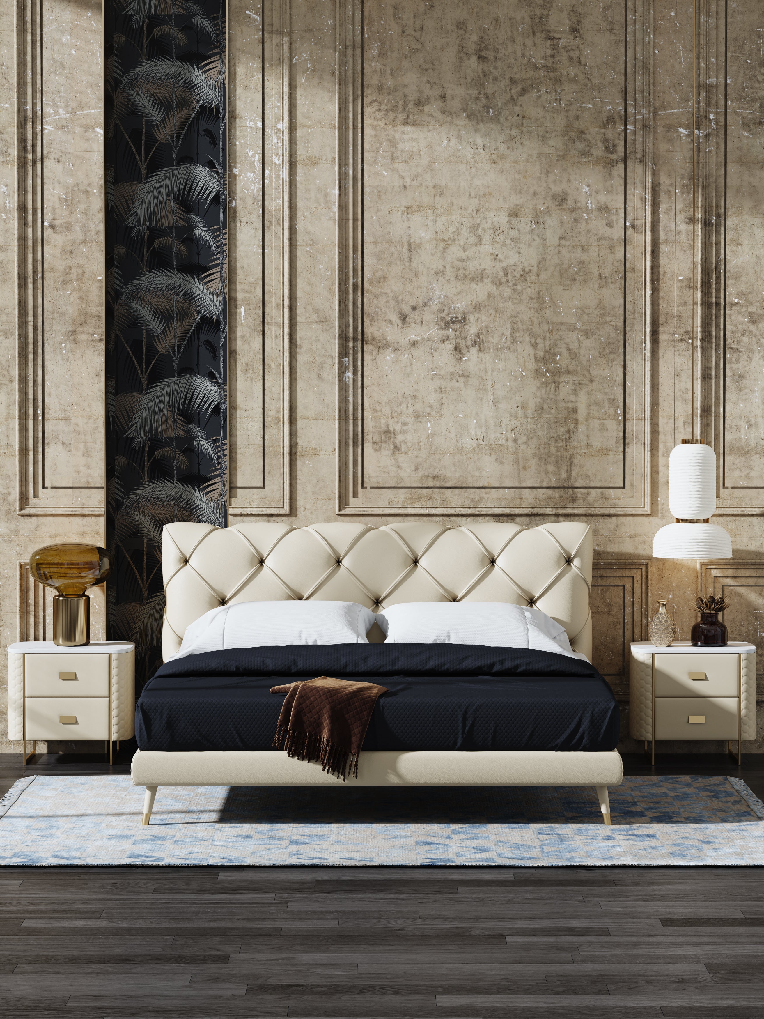 Genuine Leather Upholstered Bed with Low-Profile Headboard